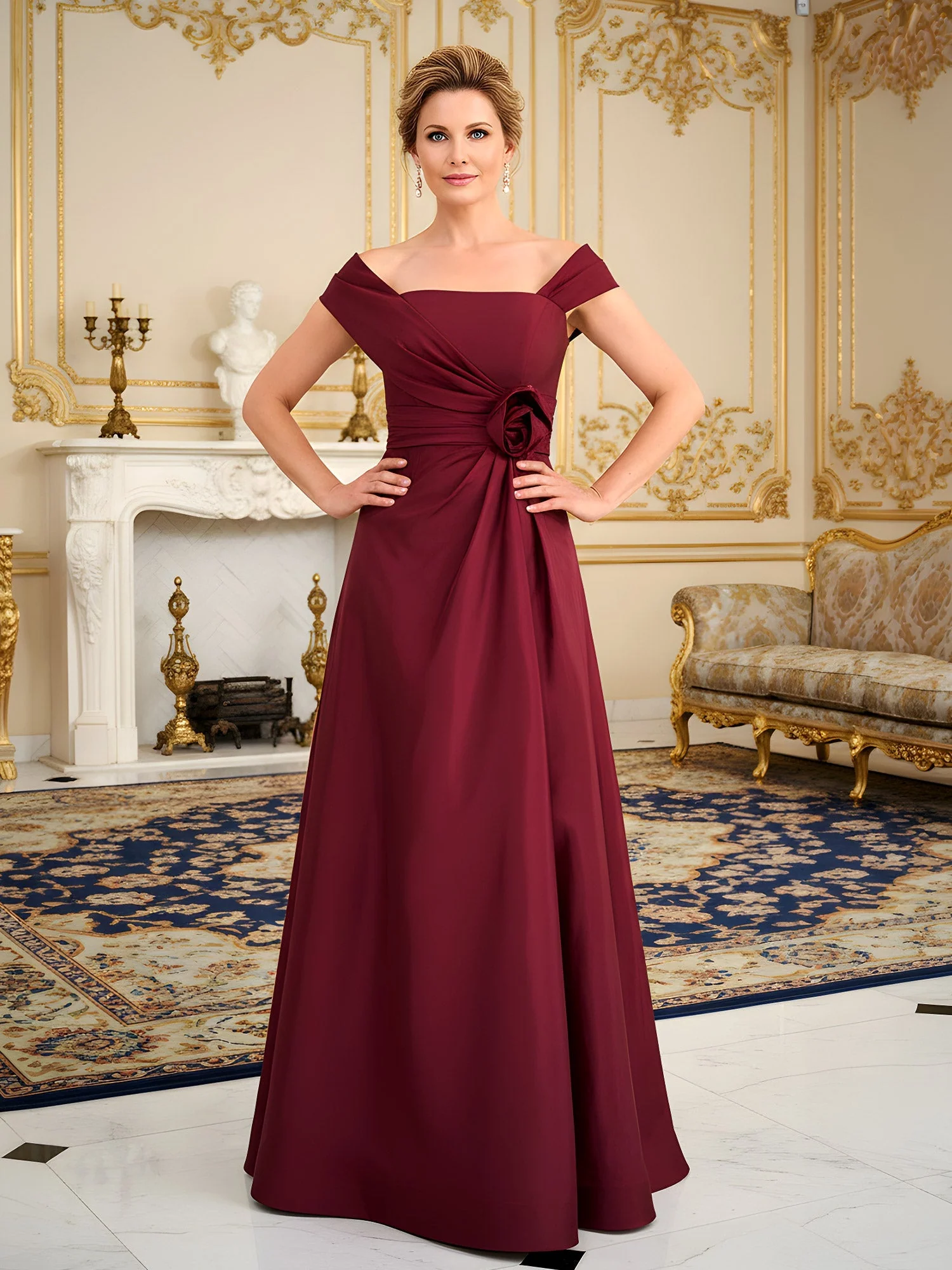 Quadratischer Ausschnitt A-Linie Schleppe Kleid mit Blume Staubige Rosa