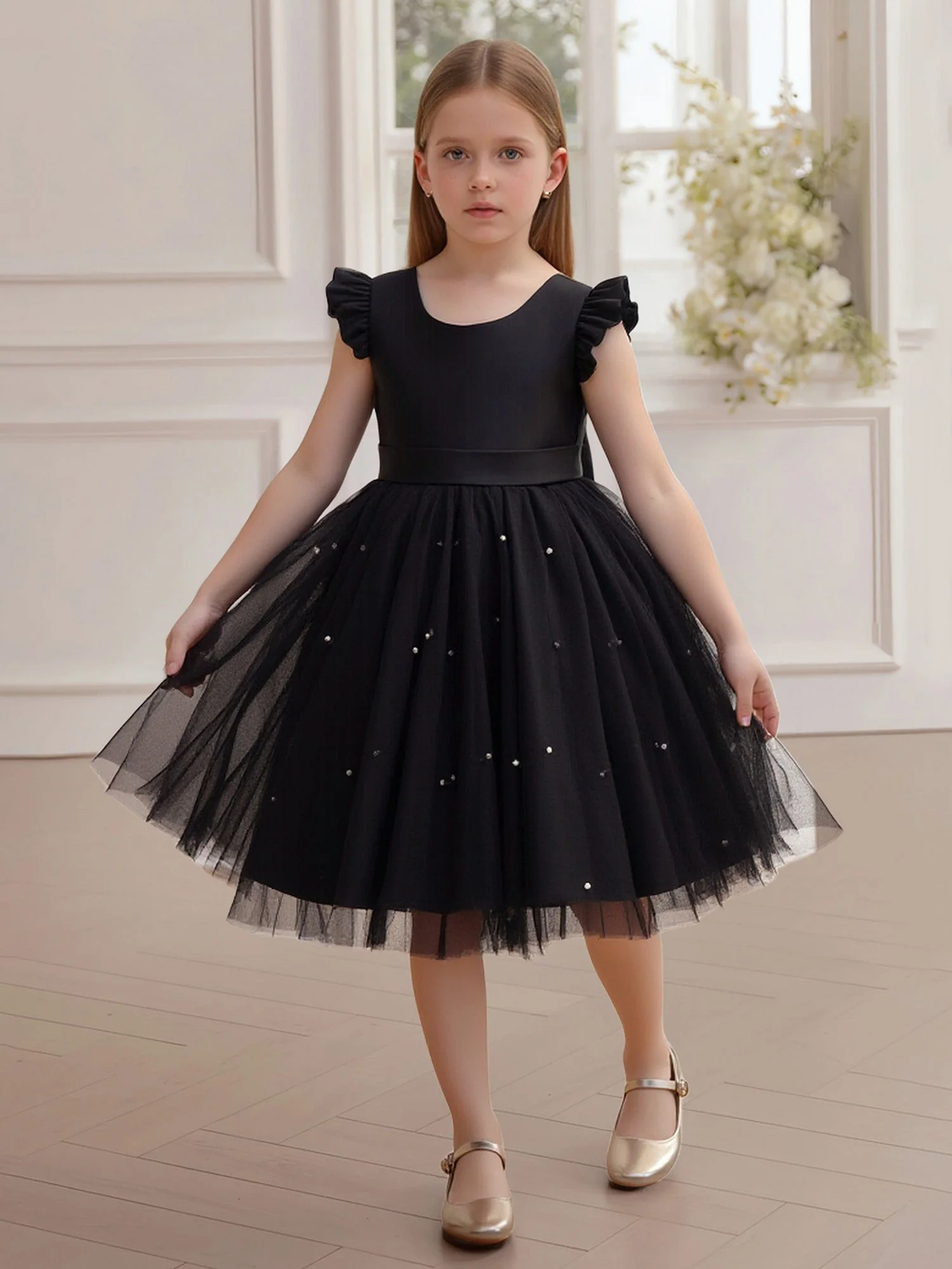 Rüschen Cap Ärmel V-Rücken Funkel Blumenmädchen Kleid Schwarz