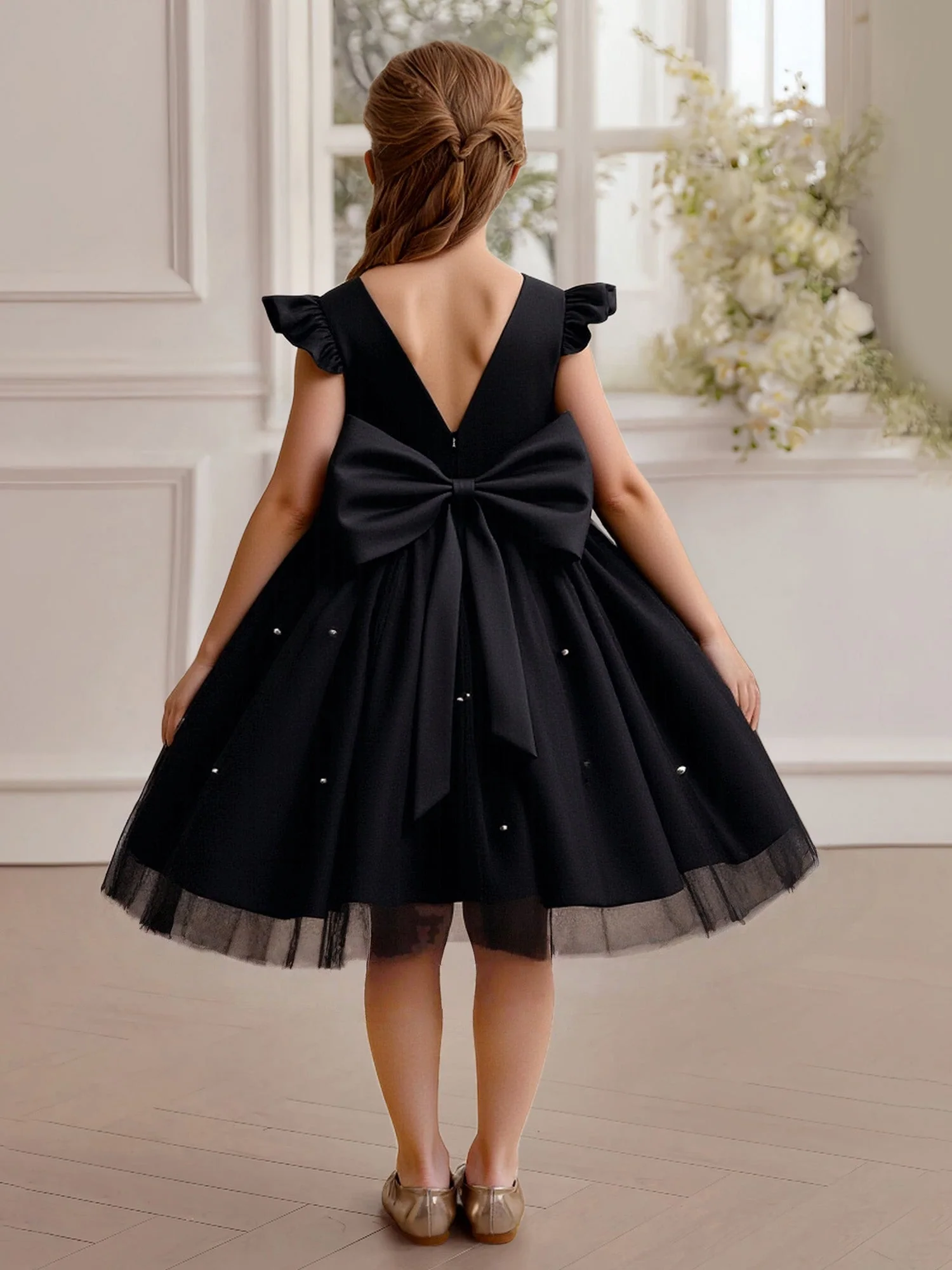 Rüschen Cap Ärmel V-Rücken Funkel Blumenmädchen Kleid Schwarz - Image 2