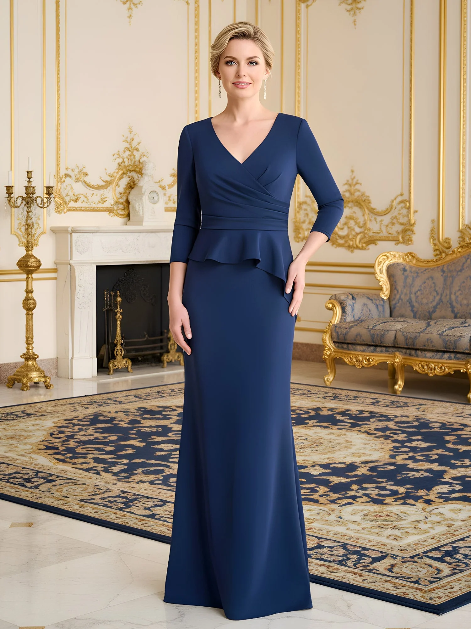 V-Ausschnitt Plissee Oberteil 3/4 Ärmel Rüschen Kleid Dunkelgrün