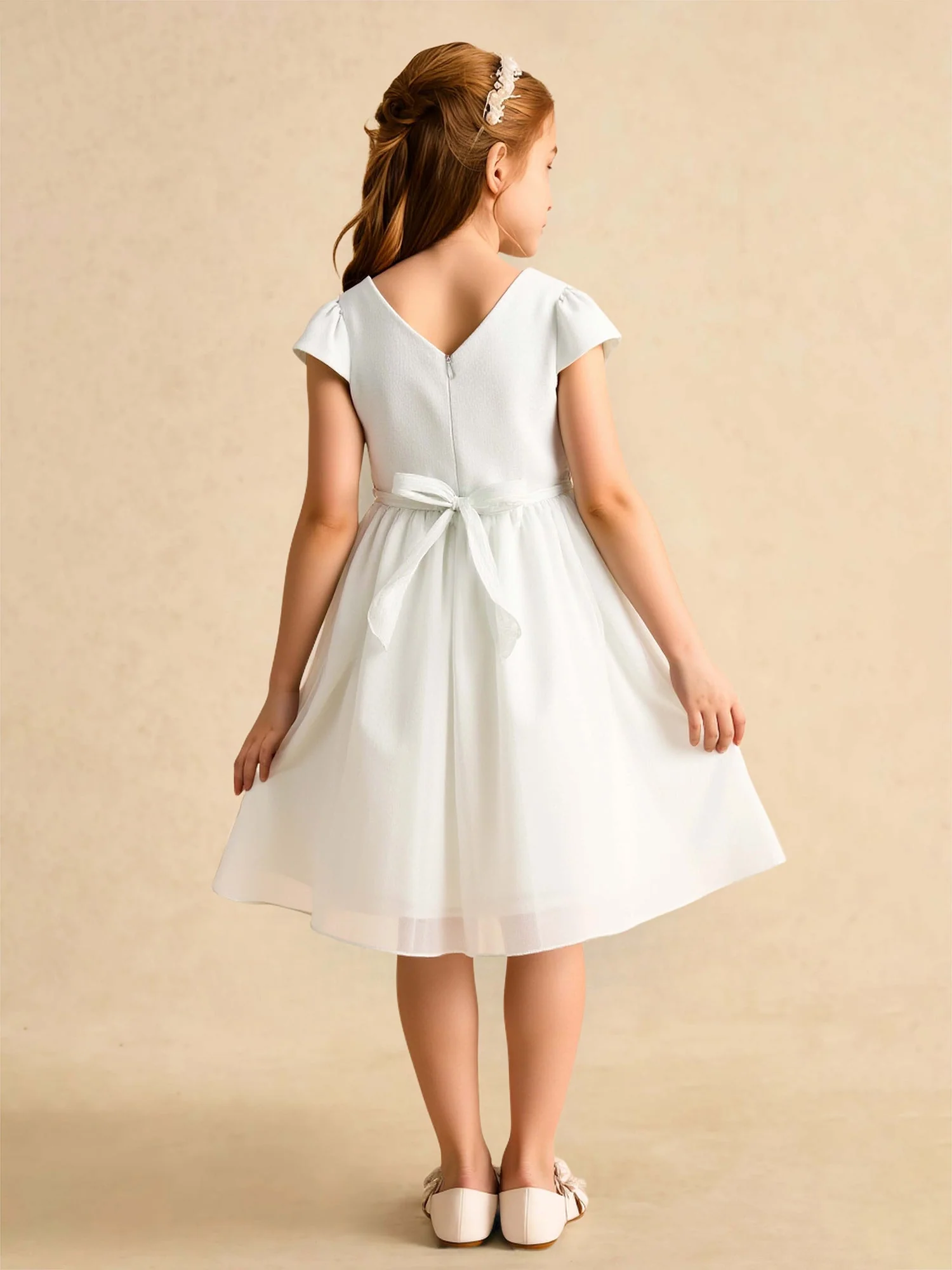 Scoop Cap Ärmel A-Linie Blumenmädchen Kleid mit Blumen Elfenbein - Image 2