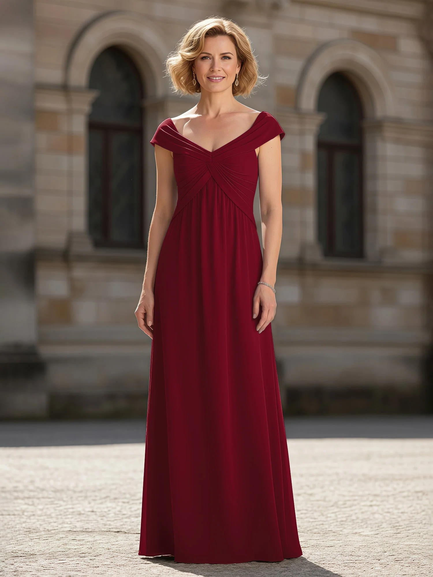 Plissee A-Linie Chiffon Bodenlang Kleid mit Taschen Burgunderrot