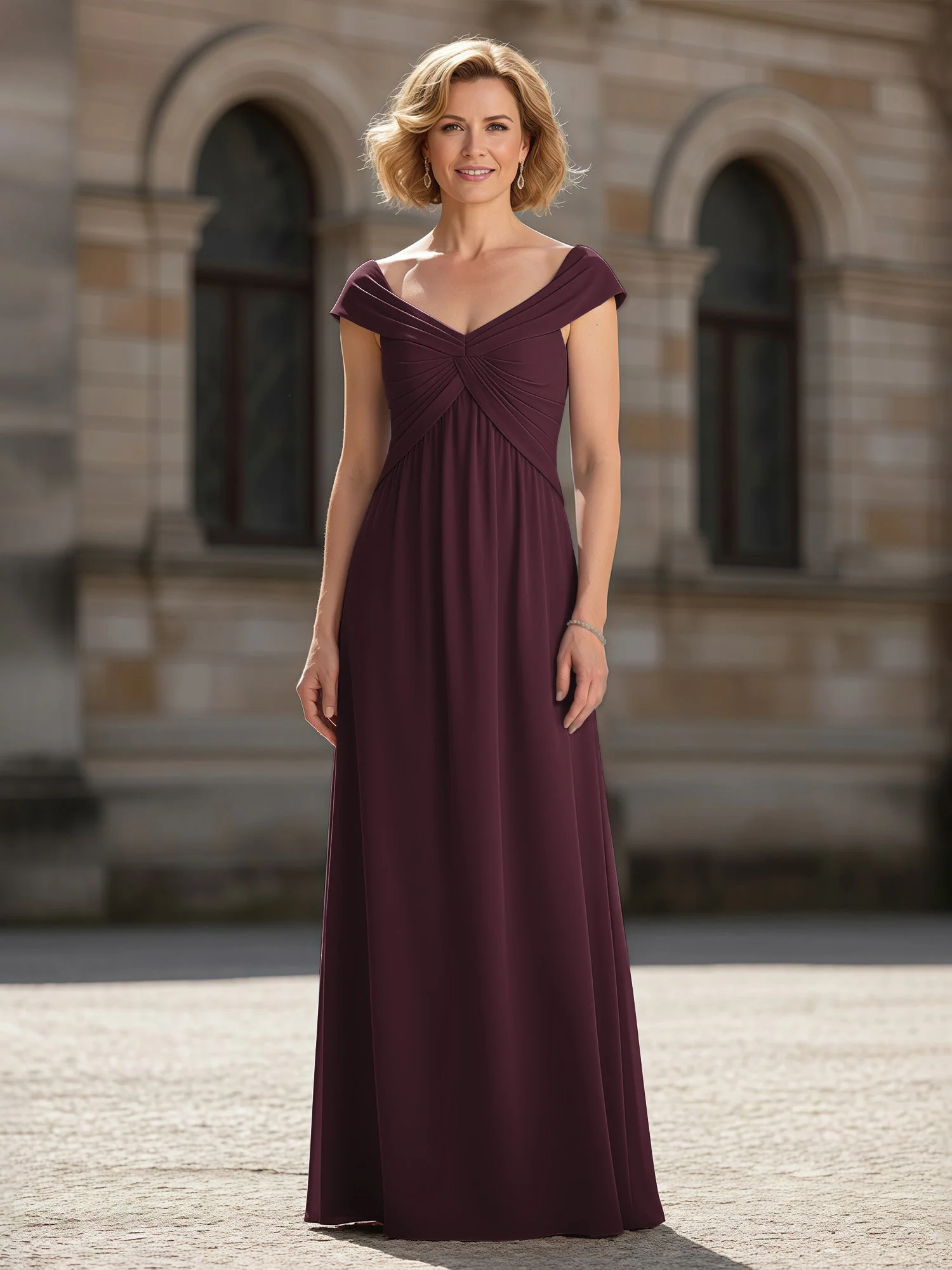 Plissee A-Linie Chiffon Bodenlang Kleid mit Taschen Cabernet