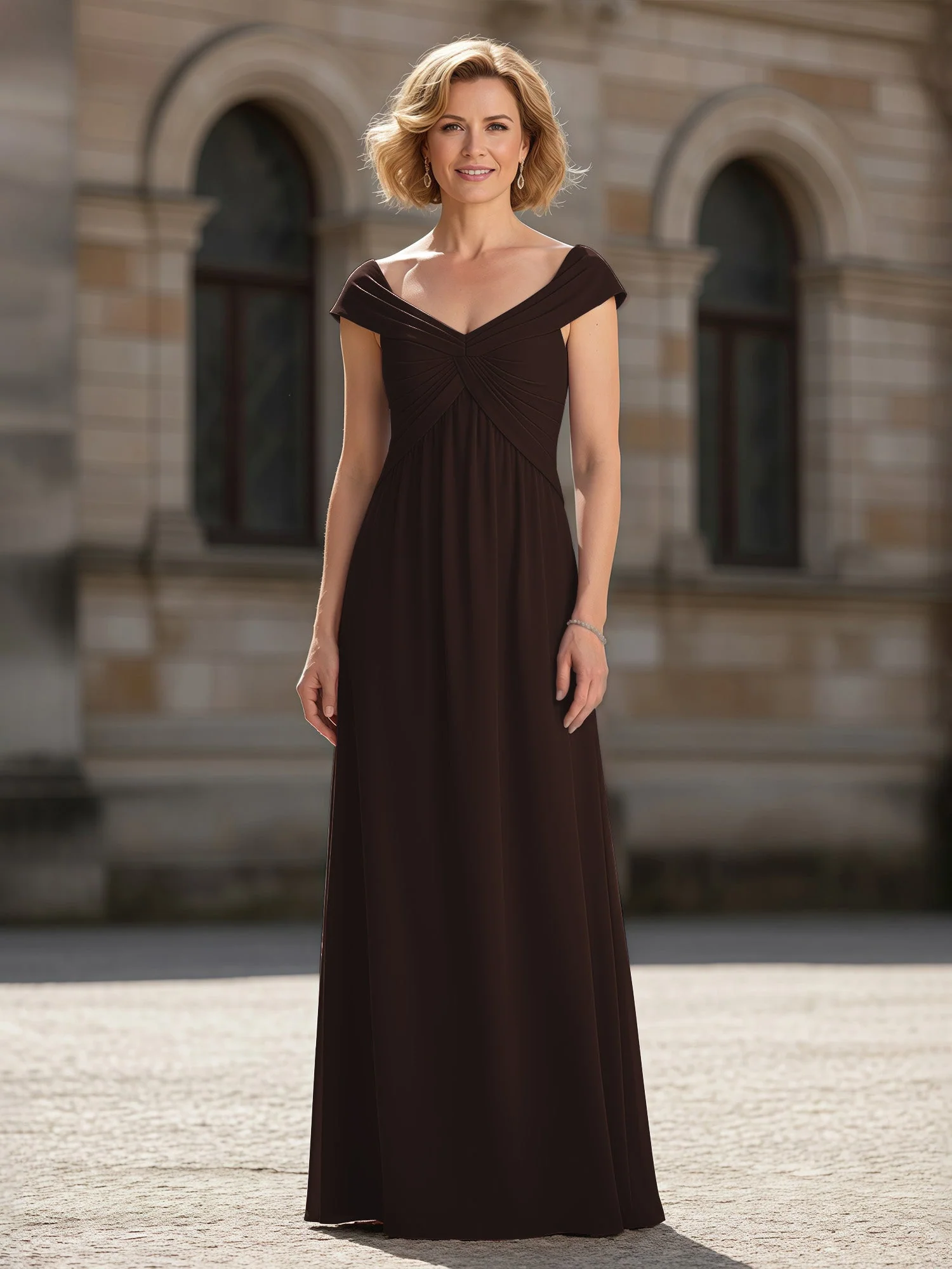Plissee A-Linie Chiffon Bodenlang Kleid mit Taschen Schokolade