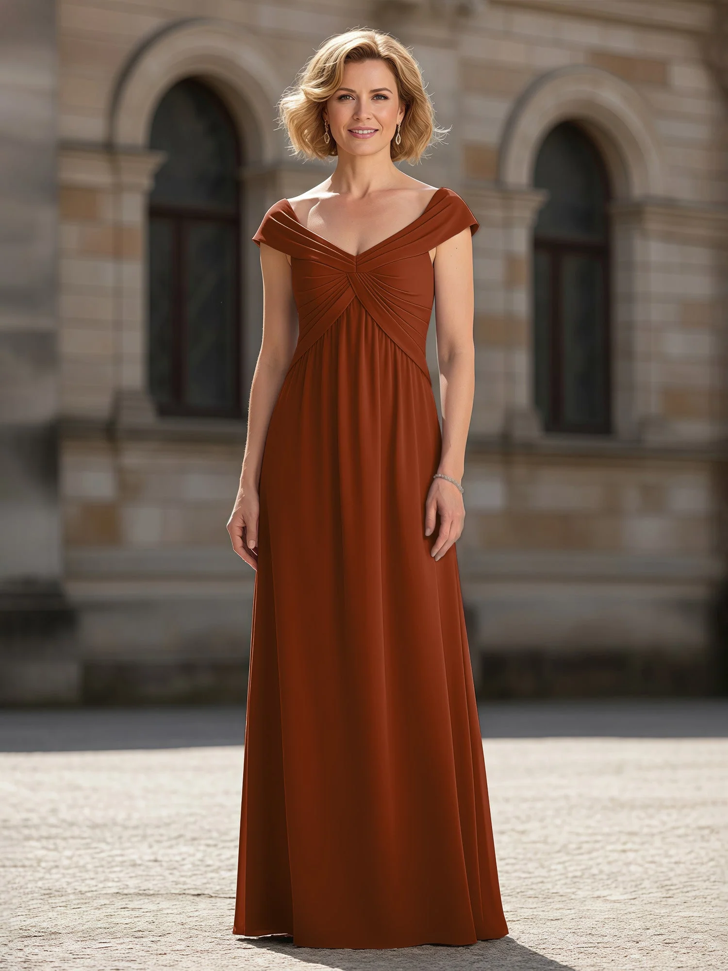 Plissee A-Linie Chiffon Bodenlang Kleid mit Taschen Terrakotta