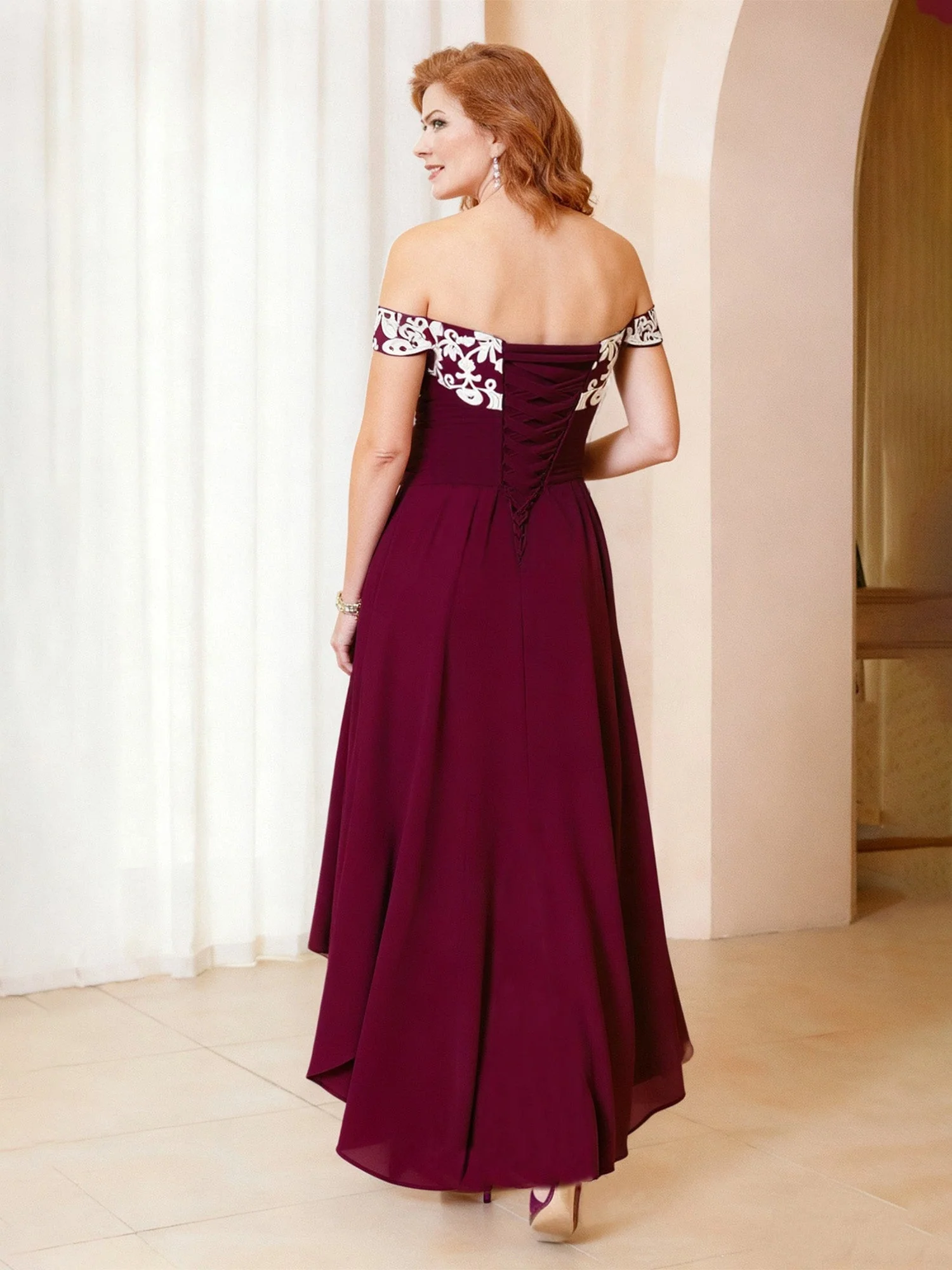 A-Linie Spitze Schulterfrei Chiffon Asymmetrisch Kleid Königsblau - Image 2