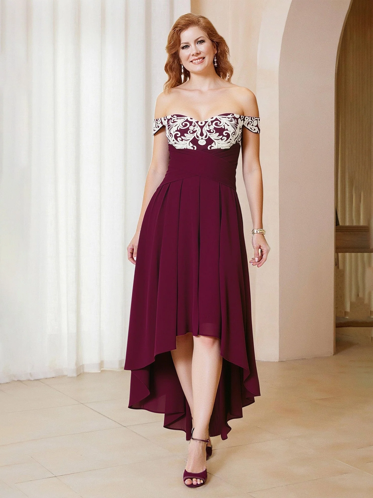 A-Linie Spitze Schulterfrei Chiffon Asymmetrisch Kleid Papaya