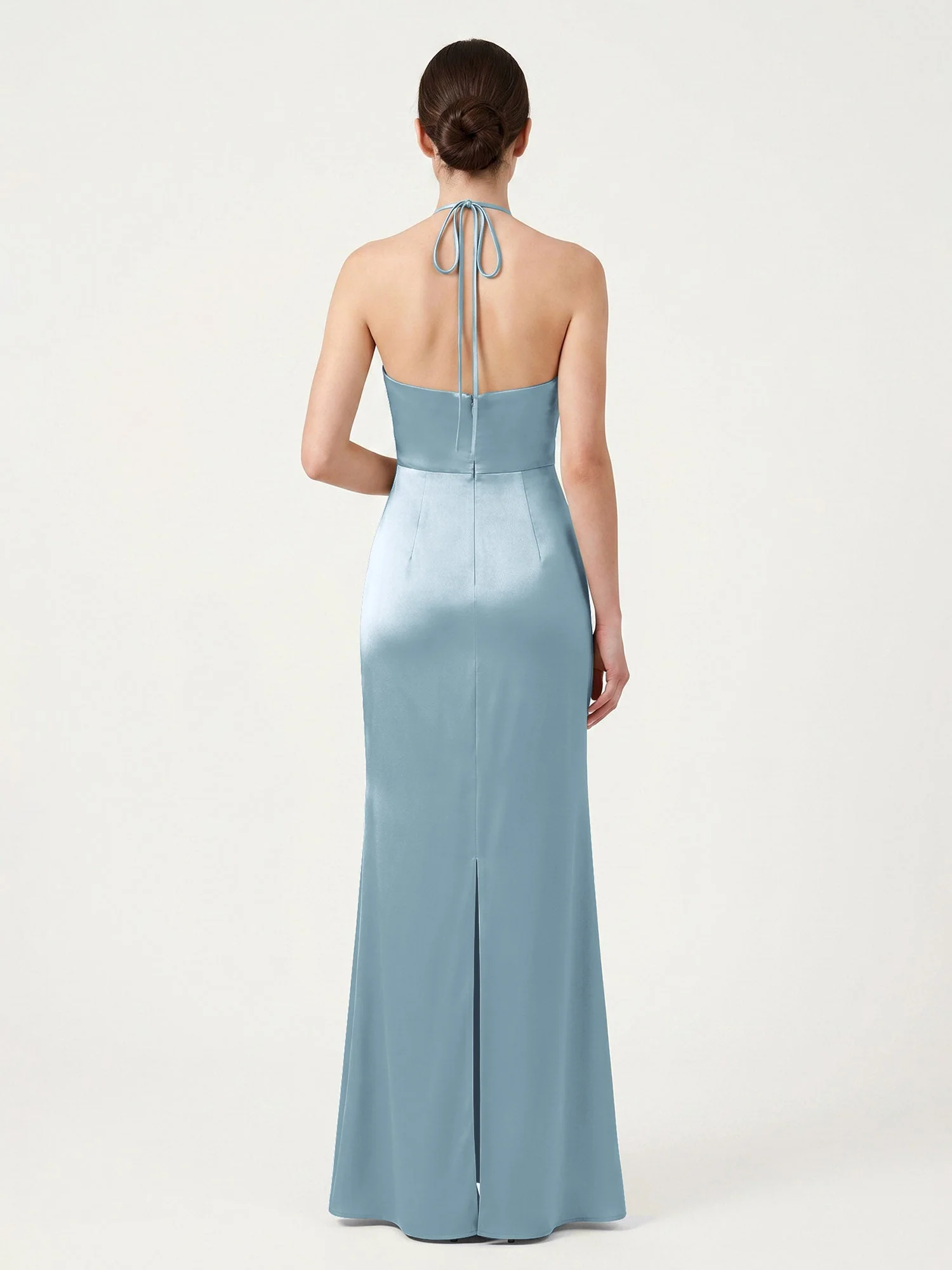 Schmal Geschnittenes Satinkleid mit Neckholder zum Selberbinden Staubiges Blau - Image 2