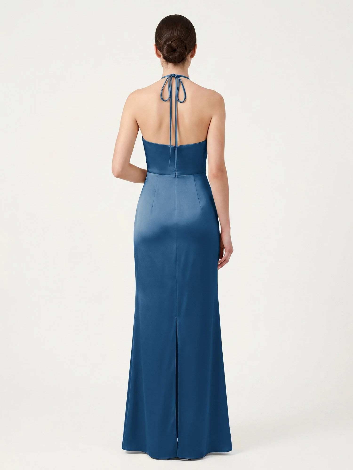 Schmal Geschnittenes Satinkleid mit Neckholder zum Selberbinden Tinte Blau - Image 2