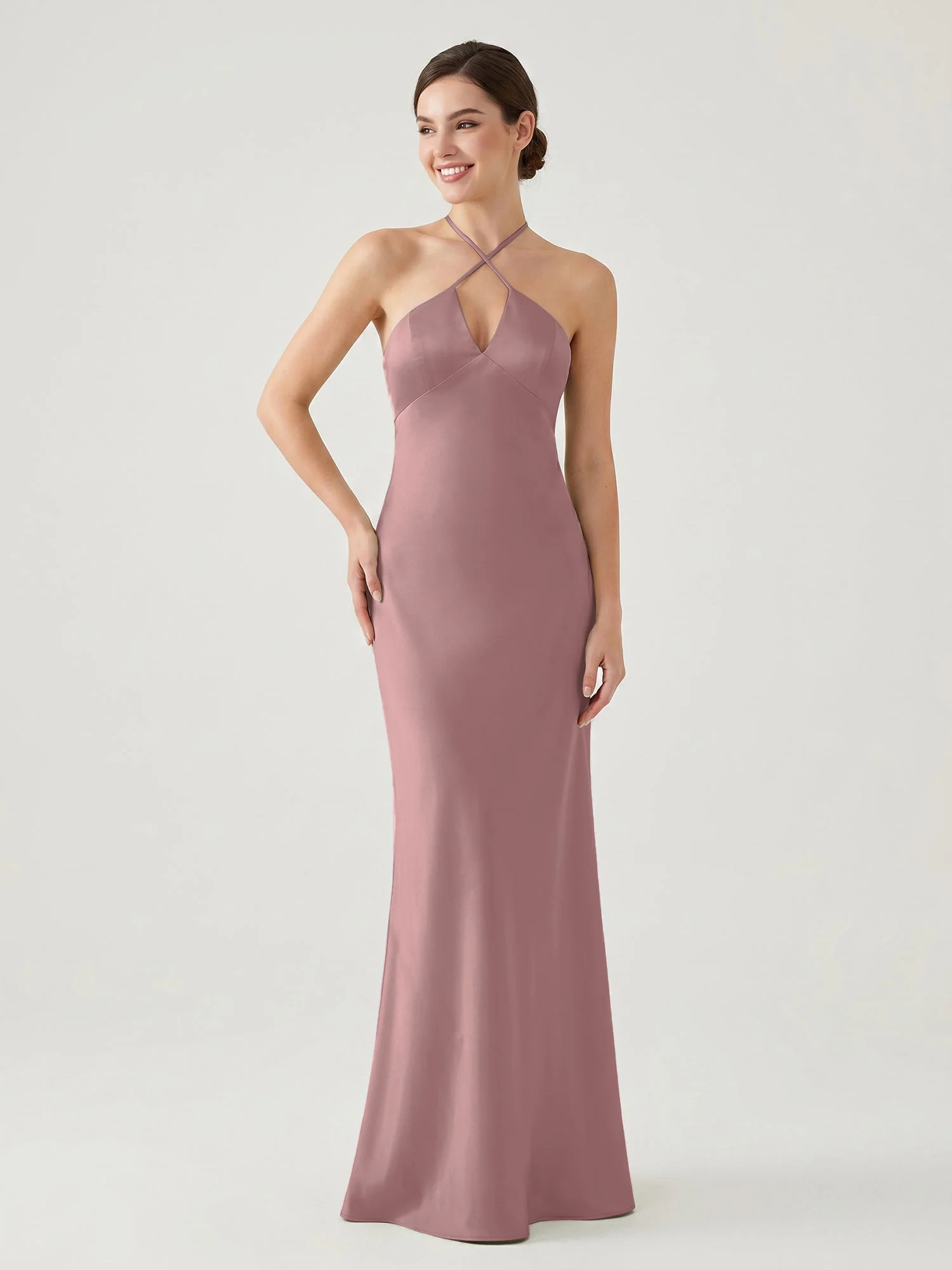 Schmal Geschnittenes Satinkleid mit Neckholder zum Selberbinden Vintage Mauve