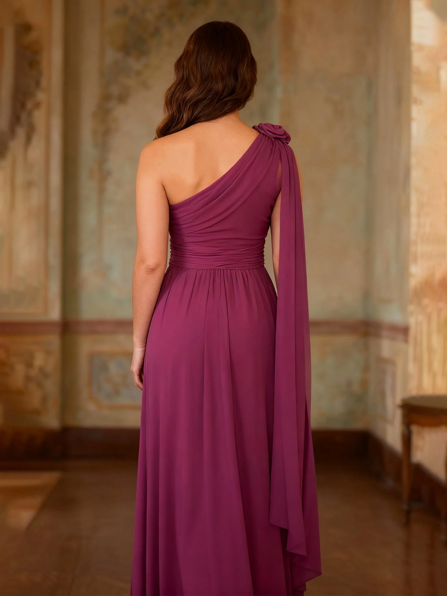 Blumen Eine Schulter Plissee A-Linie Chiffon Lang Kleid Spa - Image 2