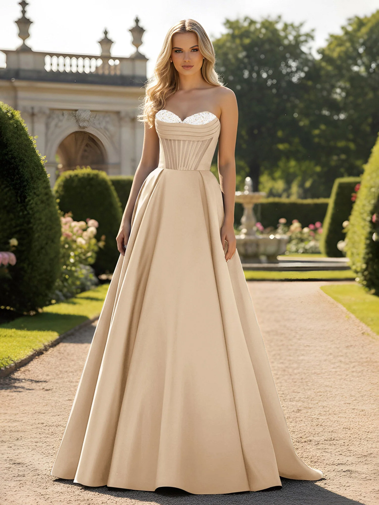 A-Line Illusion Korsett Oberteil Ballkleid Champagner