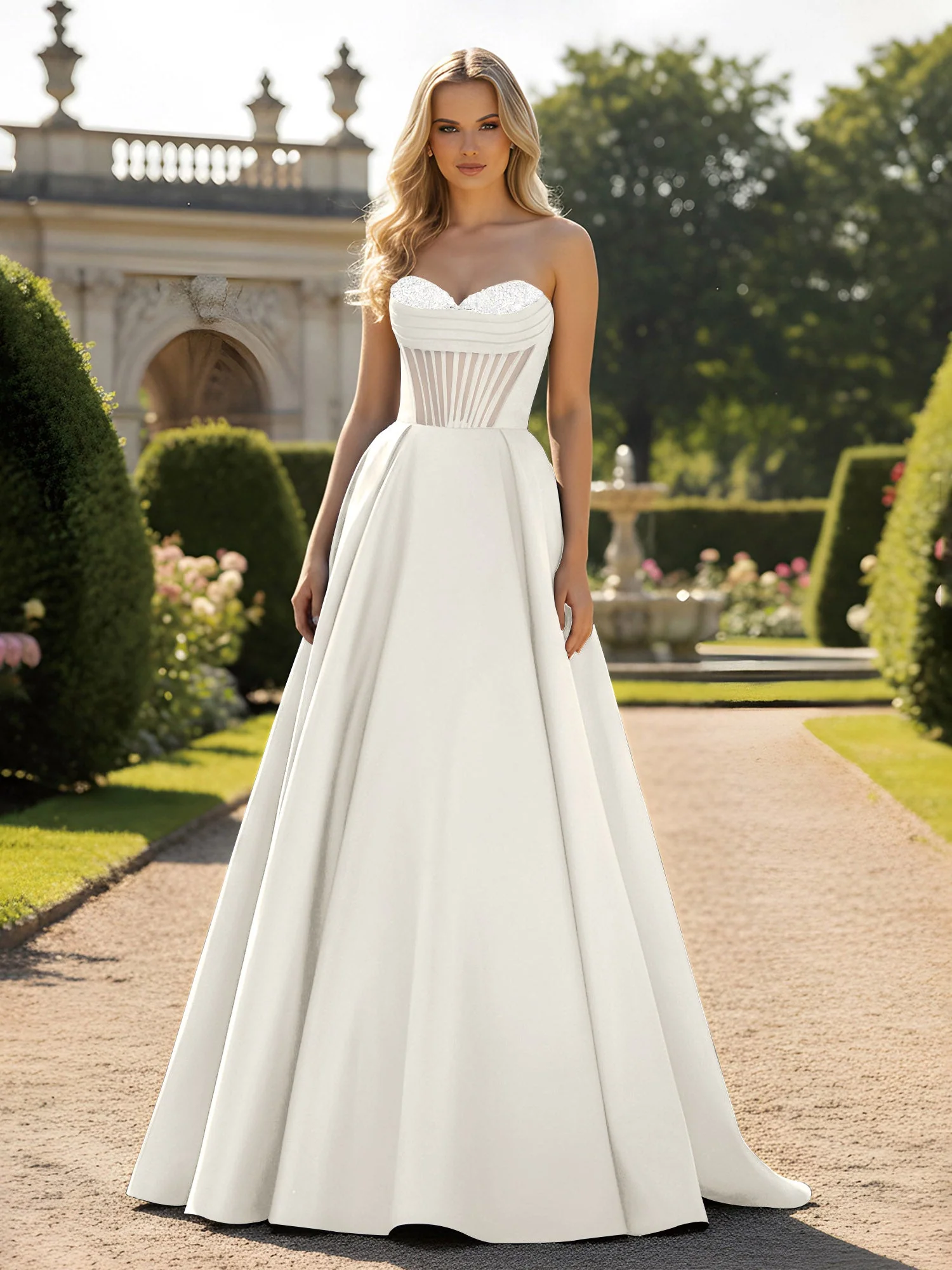 A-Line Illusion Korsett Oberteil Ballkleid Elfenbein