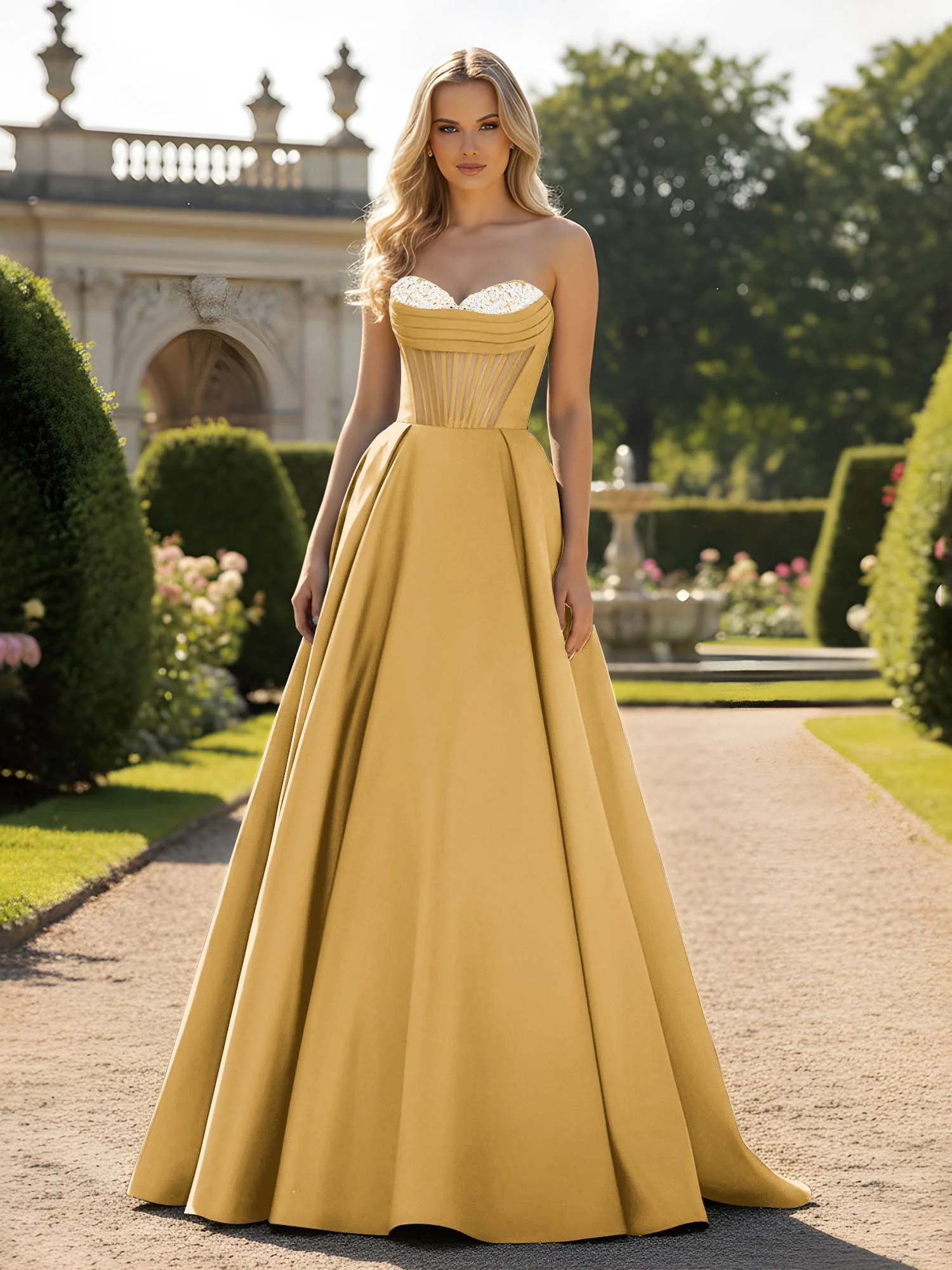 A-Line Illusion Korsett Oberteil Ballkleid Gold