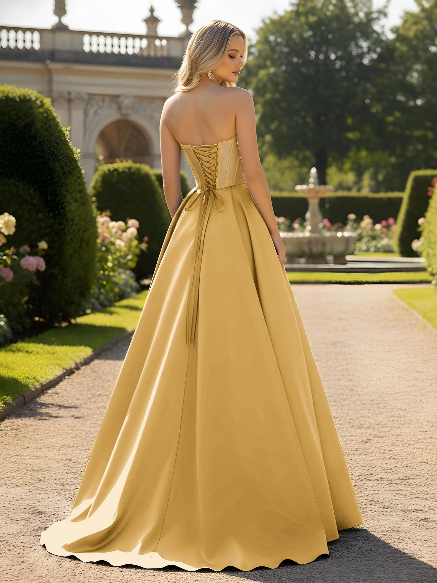 A-Line Illusion Korsett Oberteil Ballkleid Gold - Image 2