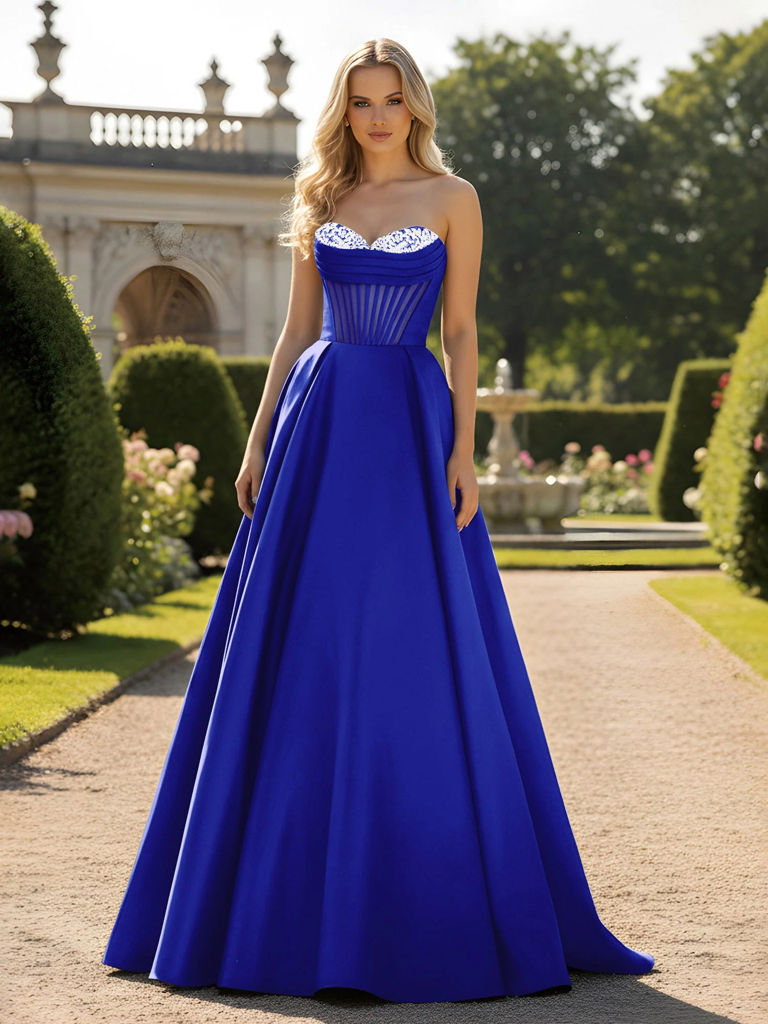 A-Line Illusion Korsett Oberteil Ballkleid Königsblau