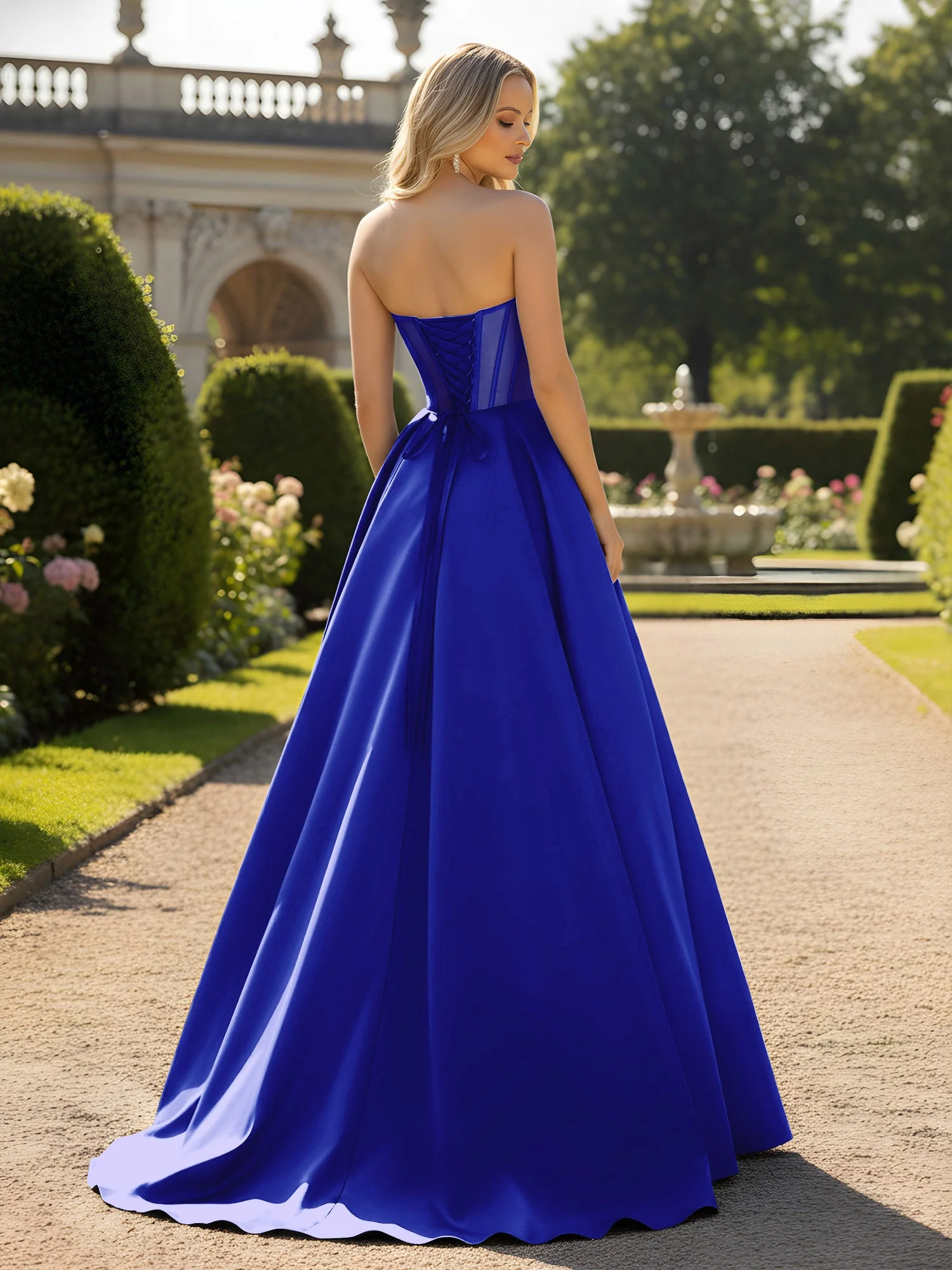 A-Line Illusion Korsett Oberteil Ballkleid Königsblau - Image 2