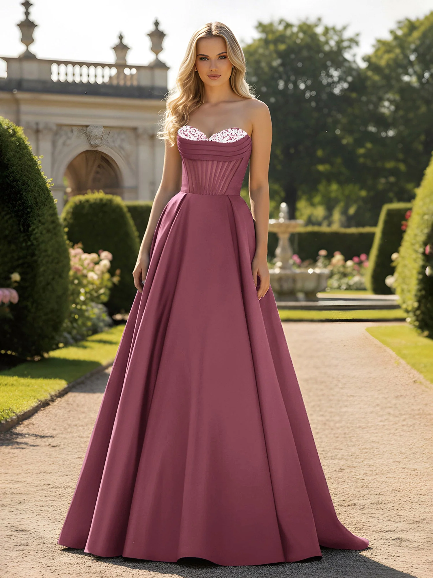 A-Line Illusion Korsett Oberteil Ballkleid Maulbeere