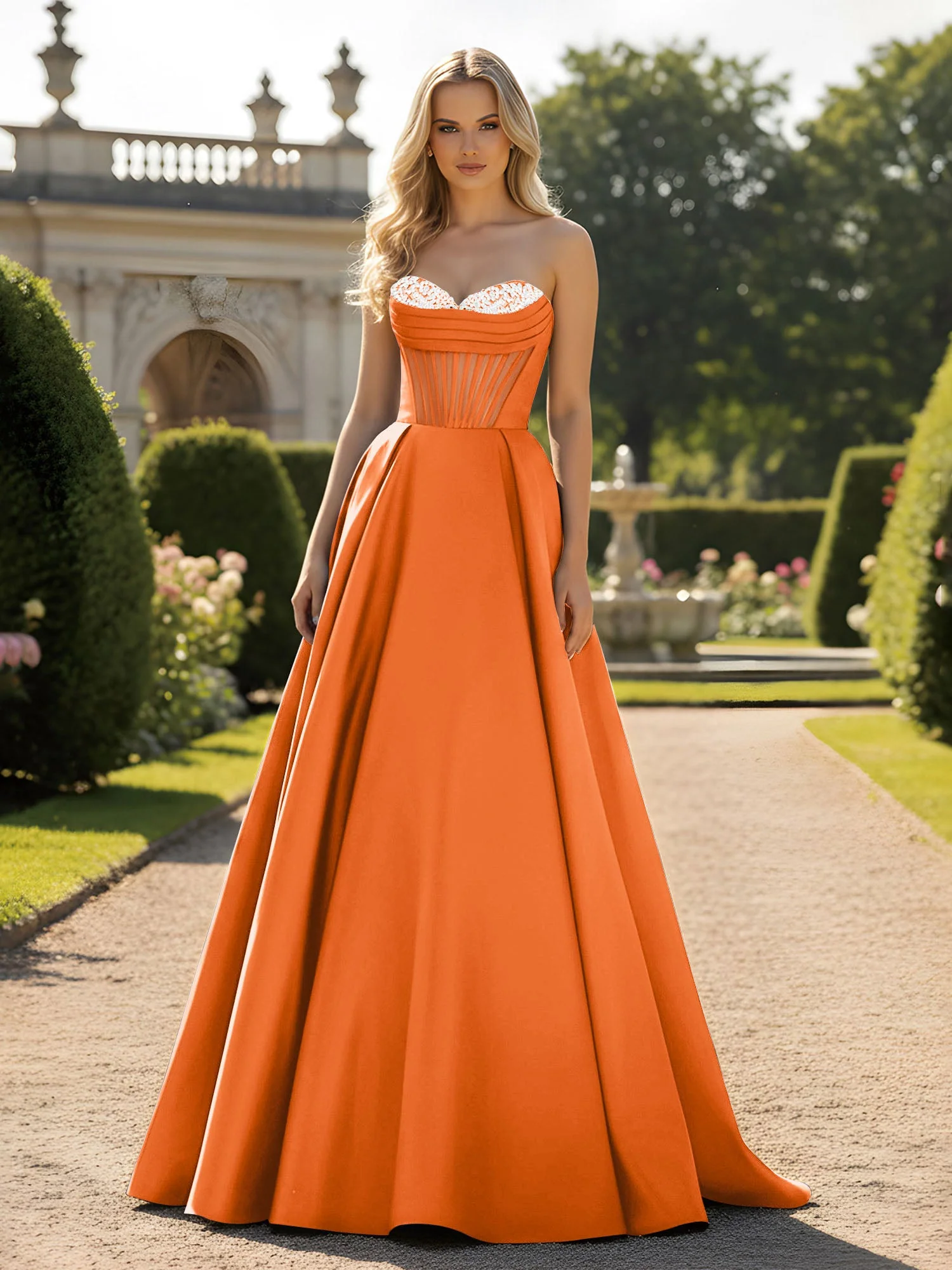 A-Line Illusion Korsett Oberteil Ballkleid Orange
