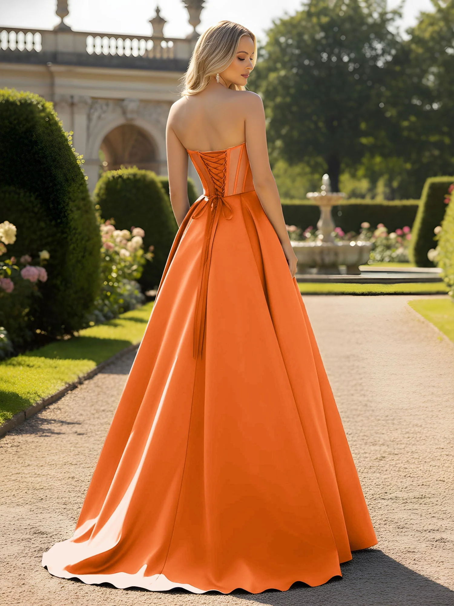 A-Line Illusion Korsett Oberteil Ballkleid Orange - Image 2
