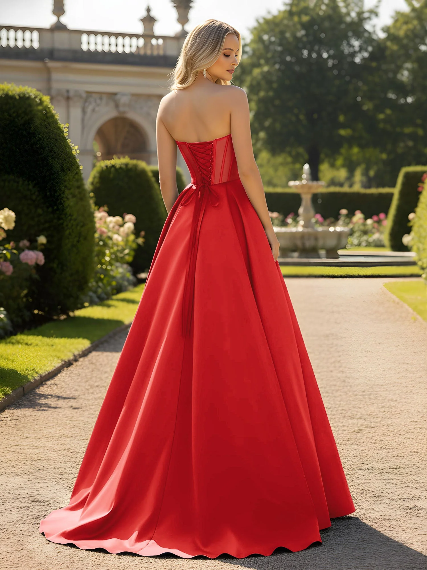 A-Line Illusion Korsett Oberteil Ballkleid Rot - Image 2