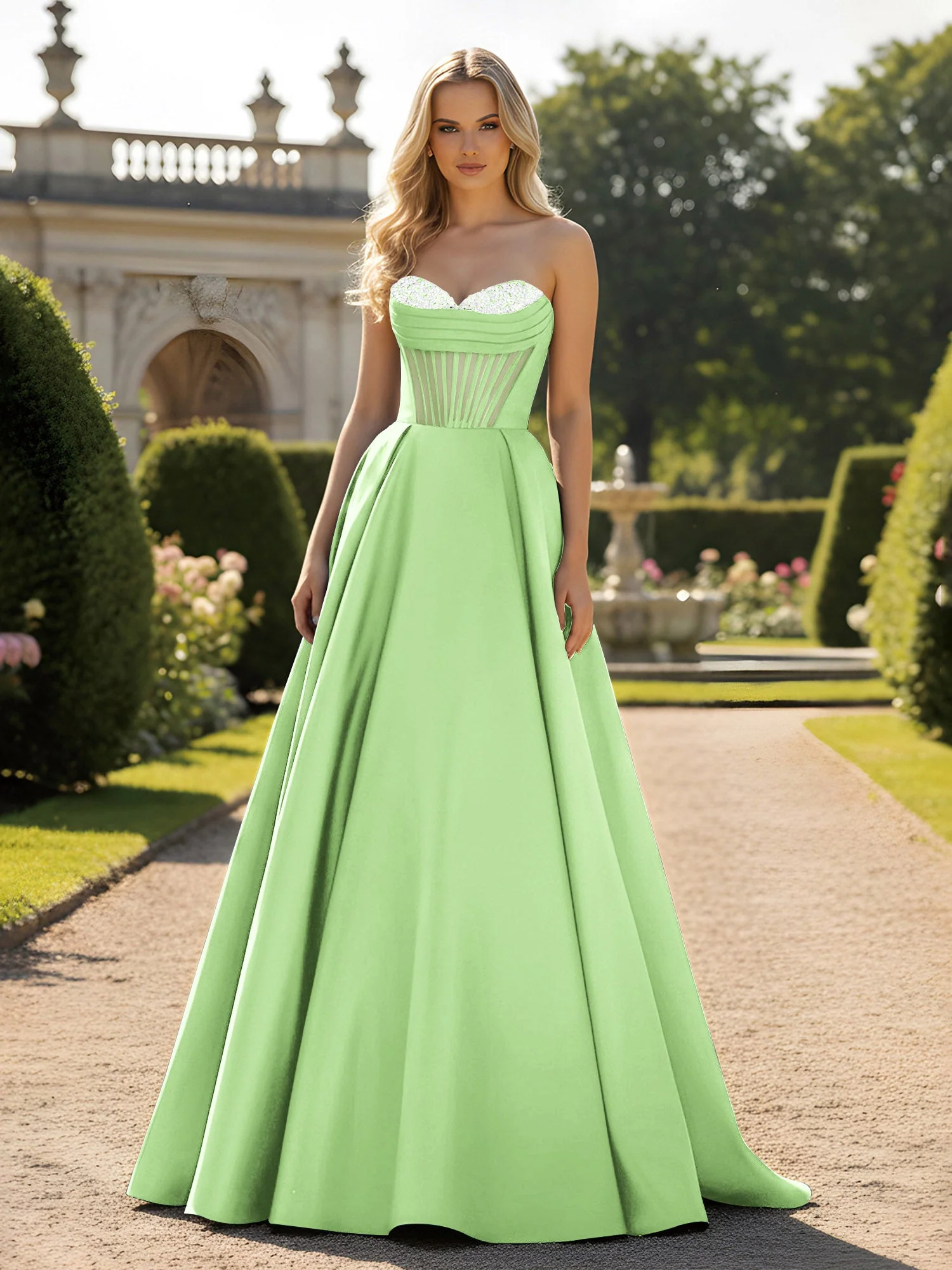 A-Line Illusion Korsett Oberteil Ballkleid Salbei