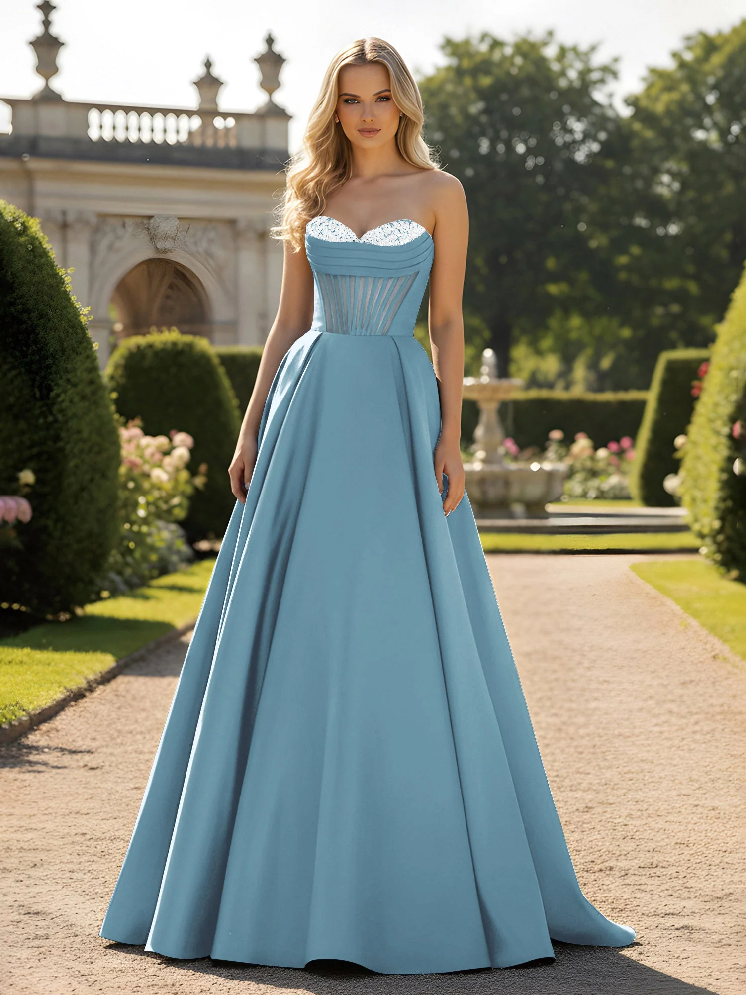 A-Line Illusion Korsett Oberteil Ballkleid Schiefer Blau