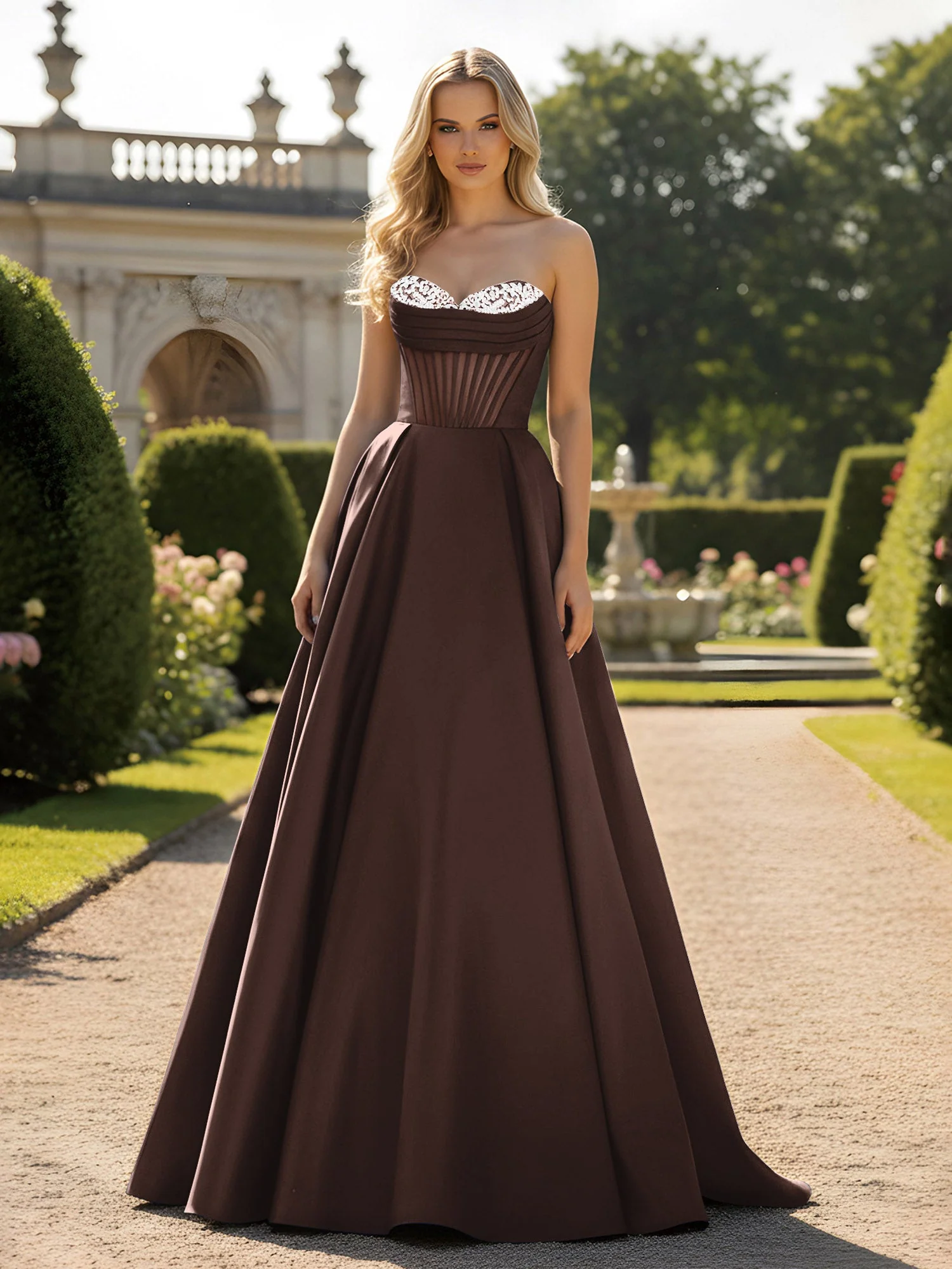 A-Line Illusion Korsett Oberteil Ballkleid Schokolade