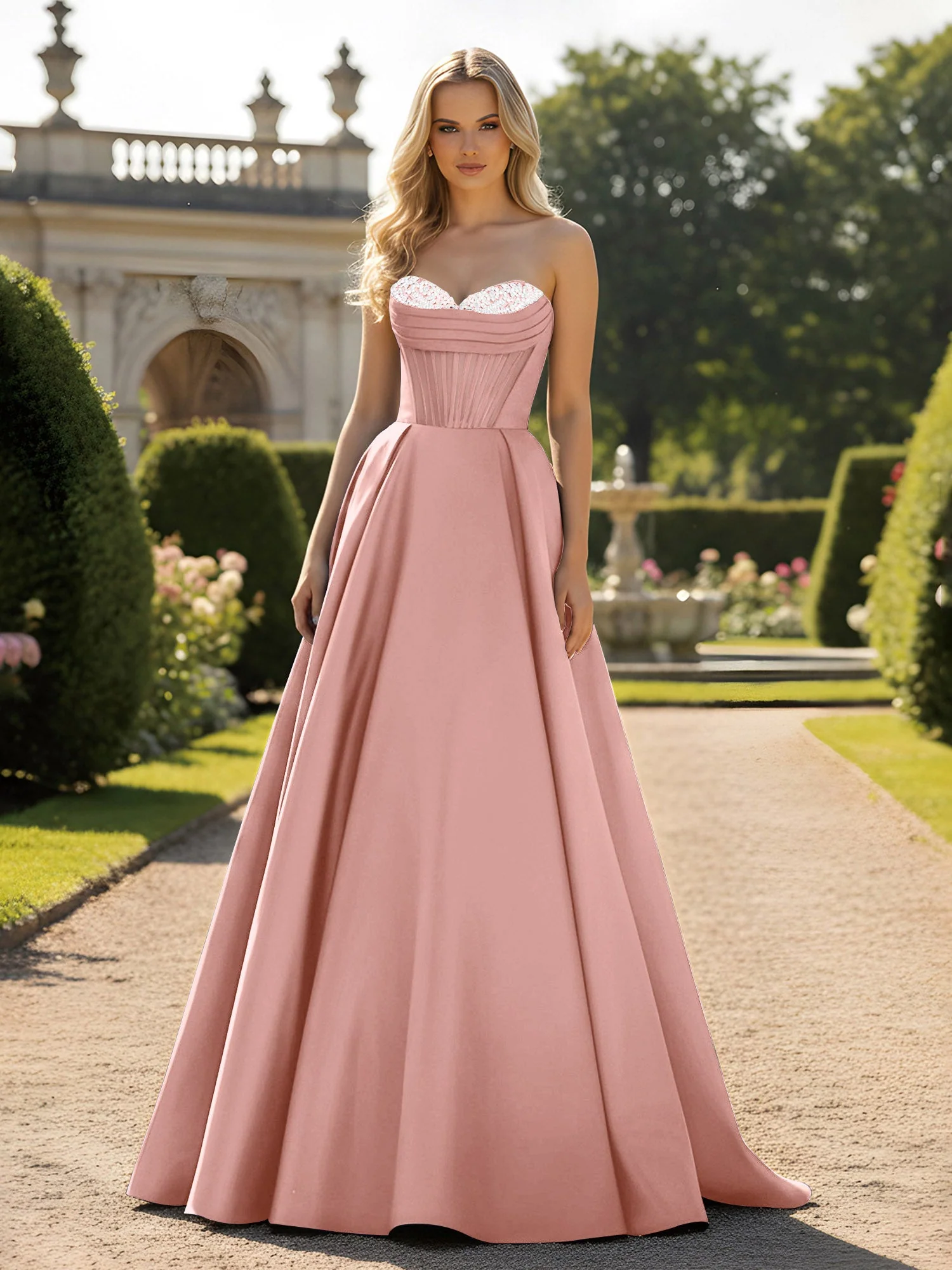 A-Line Illusion Korsett Oberteil Ballkleid Staubige Rosa