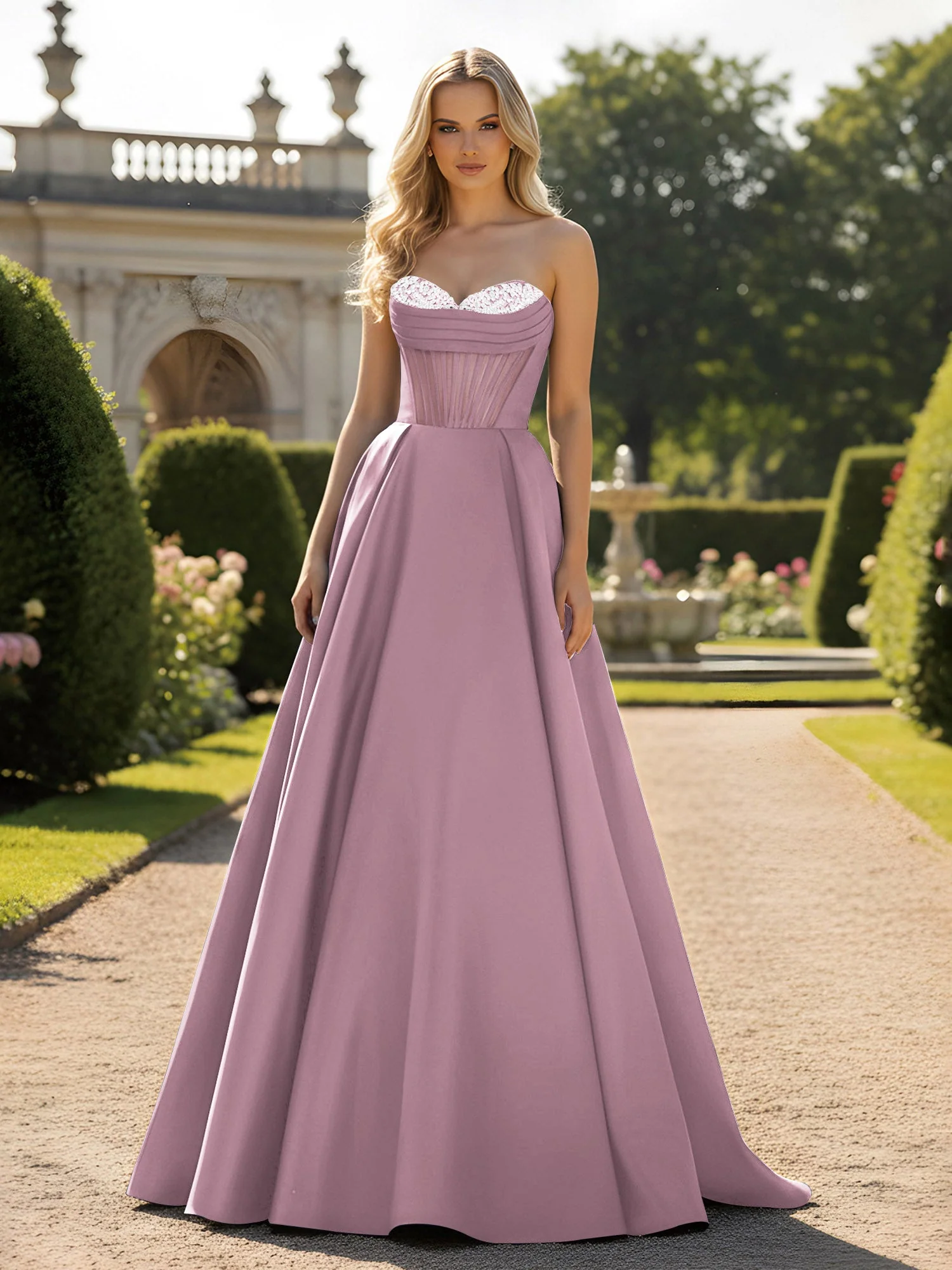 A-Line Illusion Korsett Oberteil Ballkleid Vintage Mauve