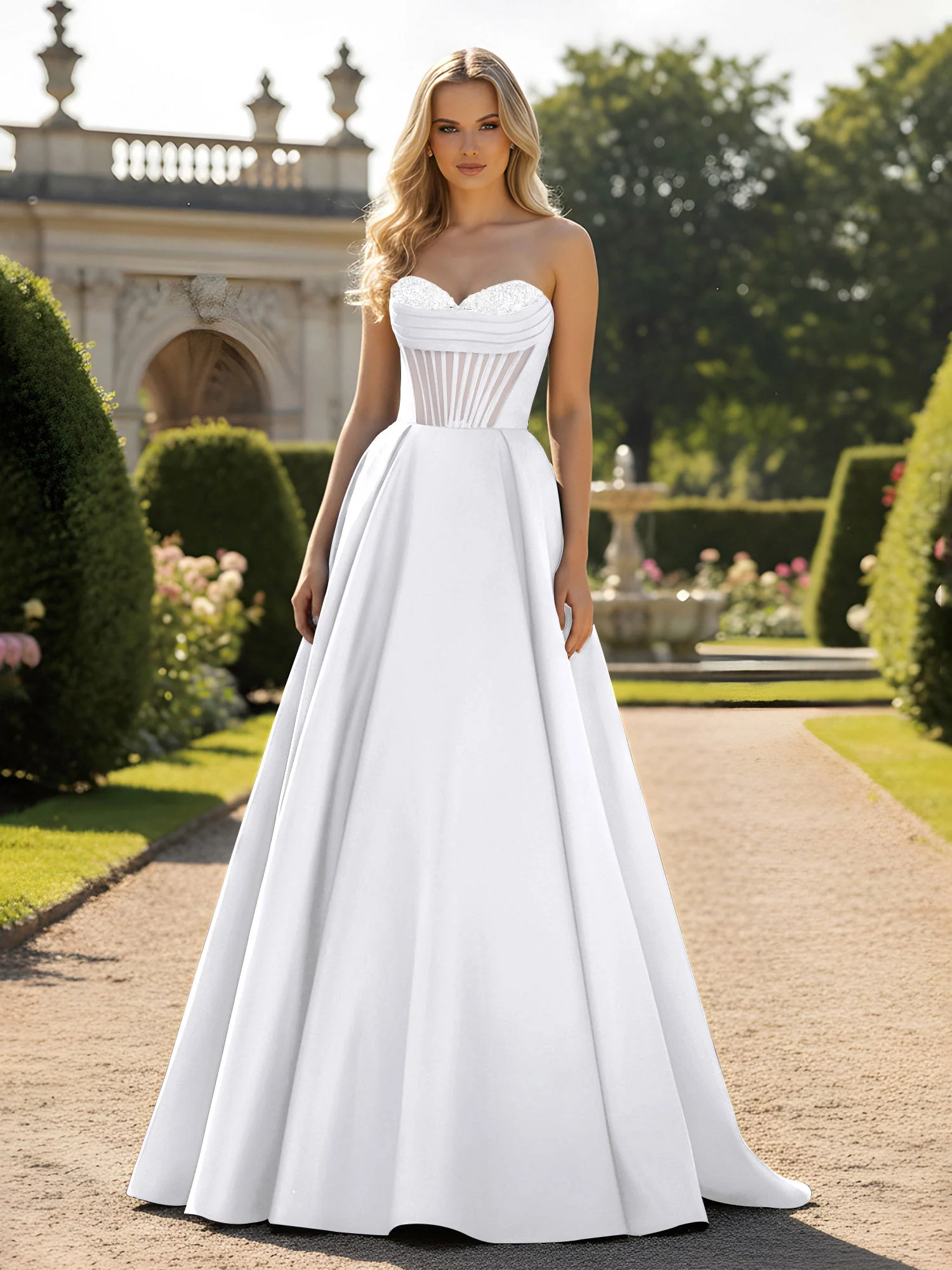 A-Line Illusion Korsett Oberteil Ballkleid Weiß