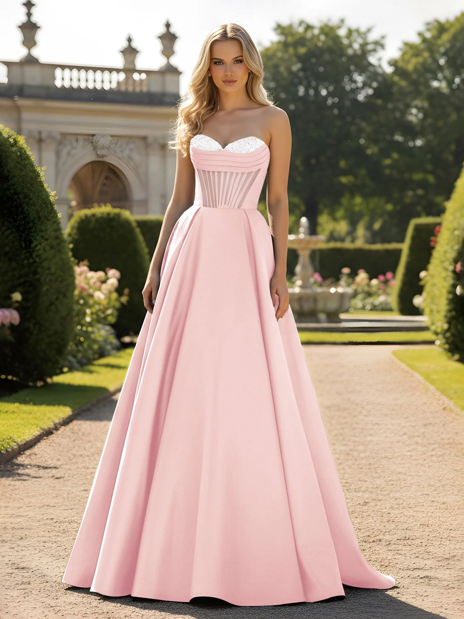 A-Line Illusion Korsett Oberteil Ballkleid Zartrosa
