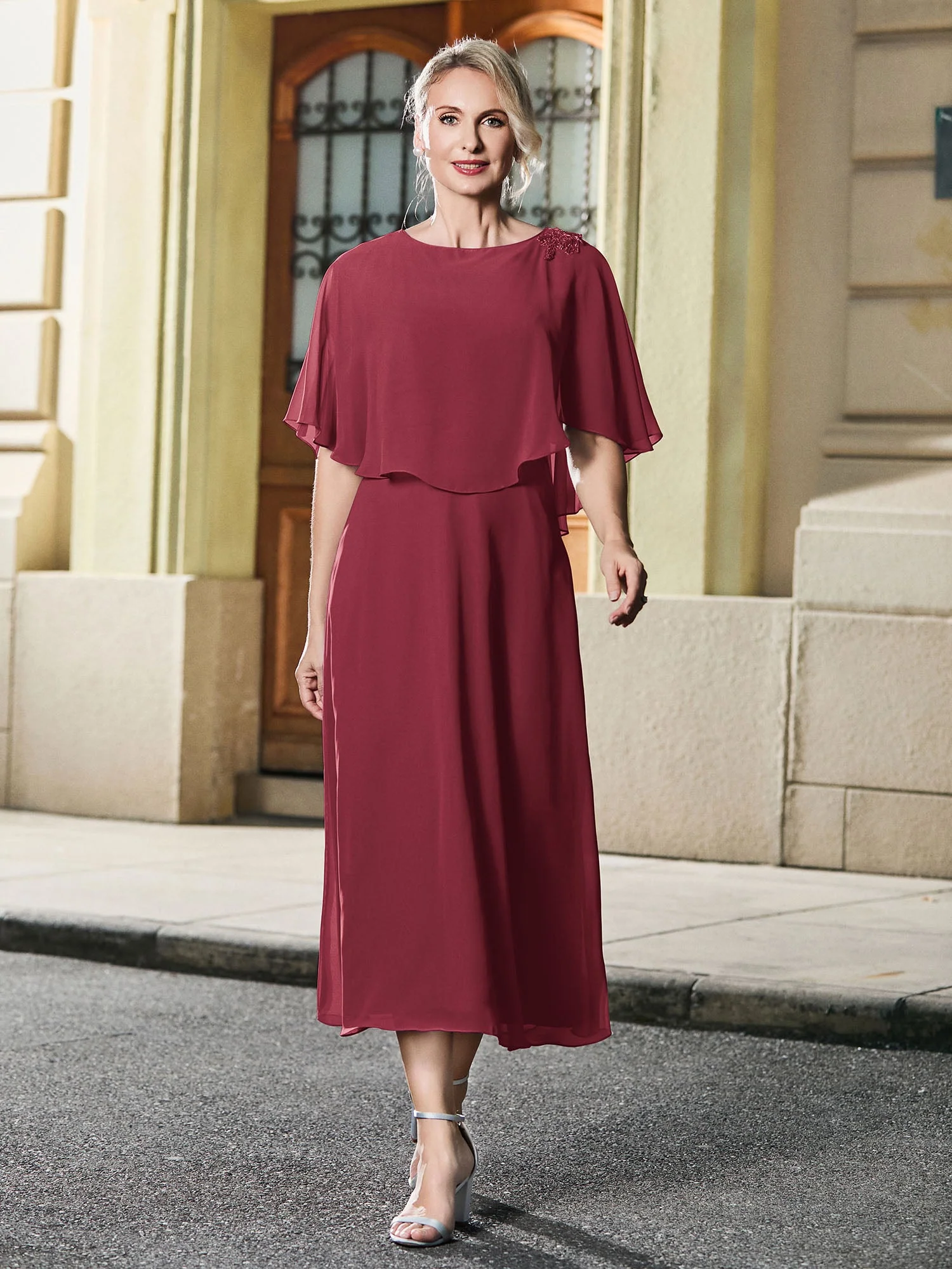 Cap-Ärmel A-Linie Chiffon Kleid Wadenlang Zimtrose