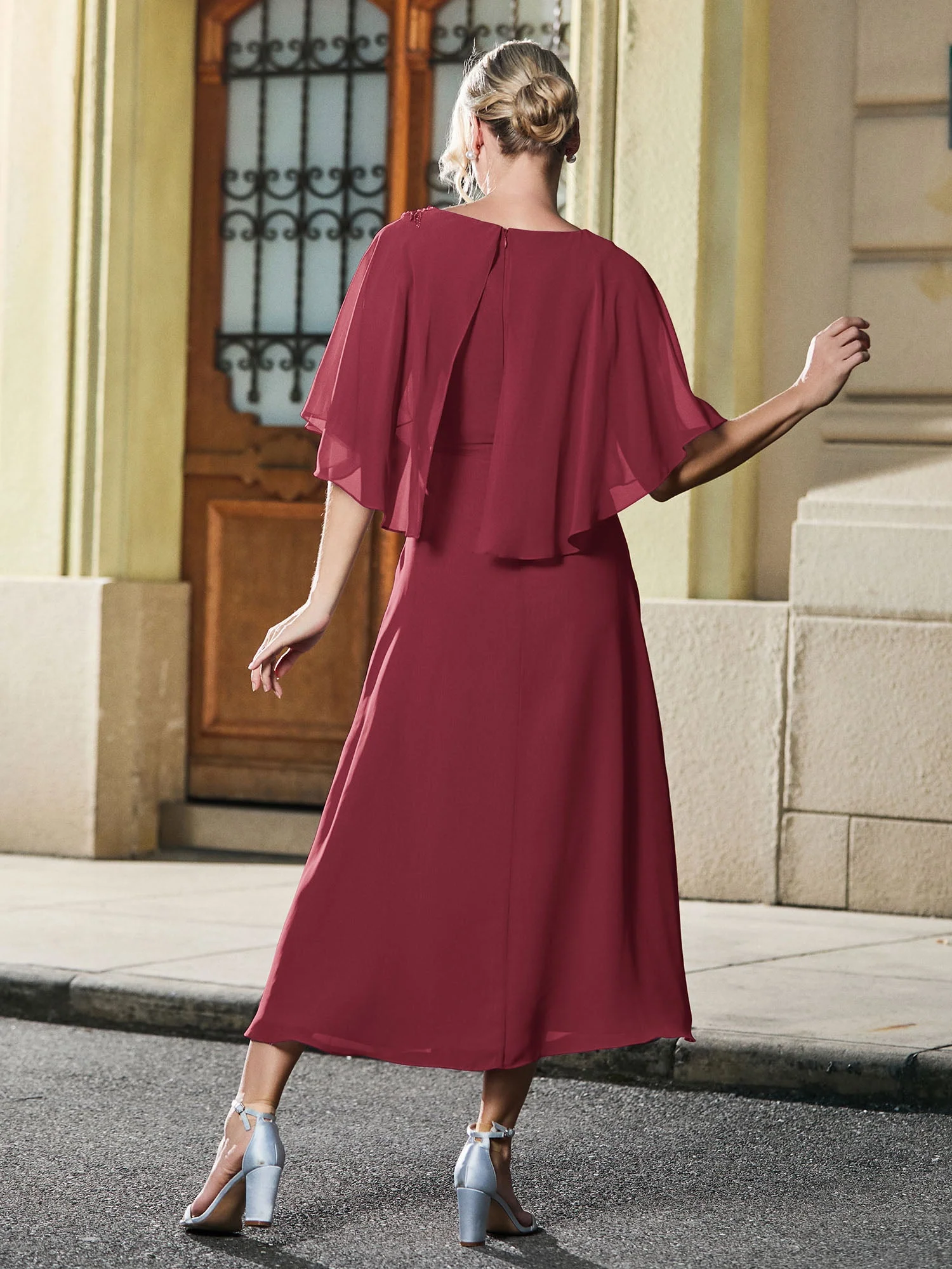 Cap-Ärmel A-Linie Chiffon Kleid Wadenlang Zimtrose - Image 2