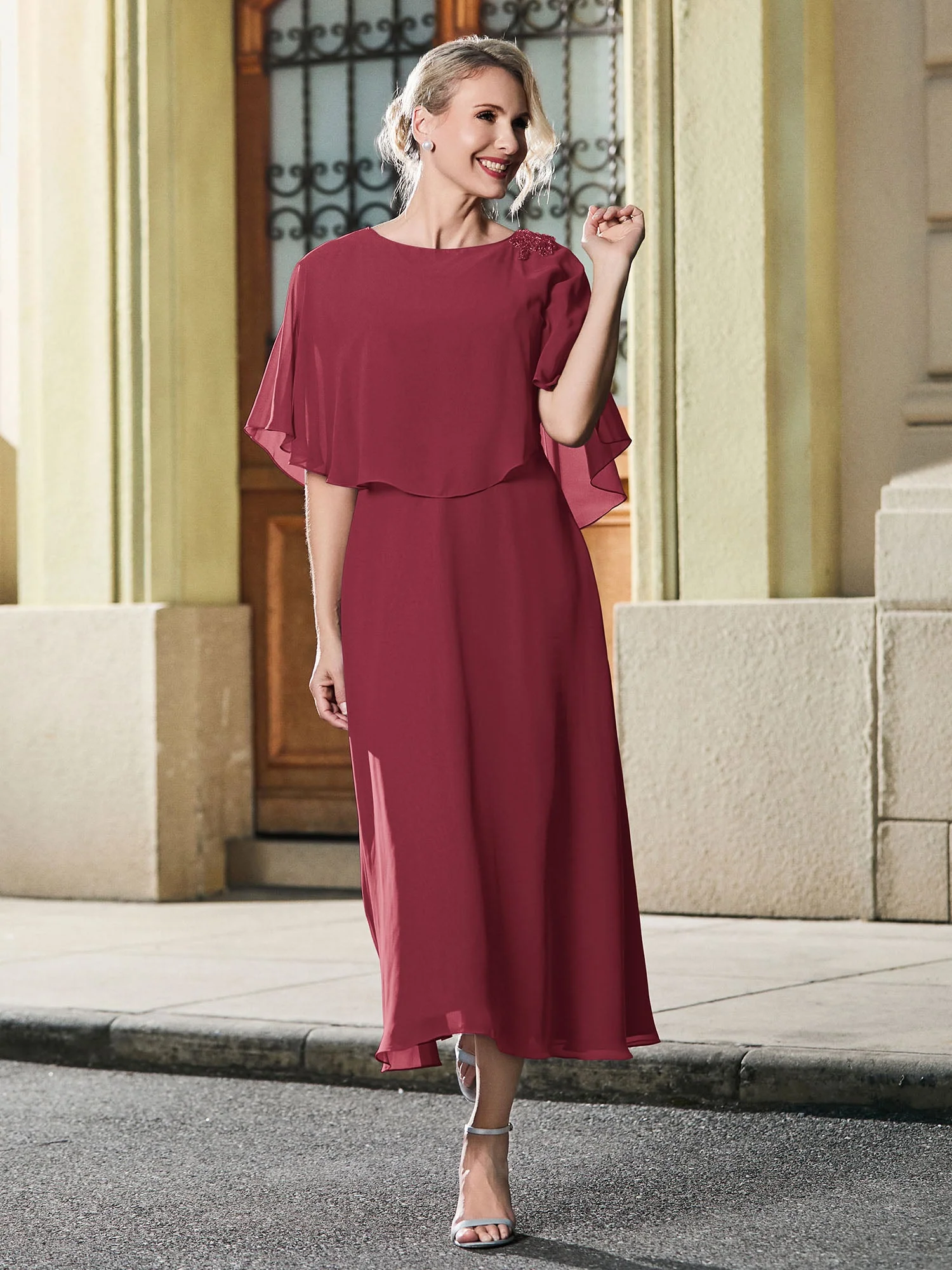 Cap-Ärmel A-Linie Chiffon Kleid Wadenlang Zimtrose - Image 3