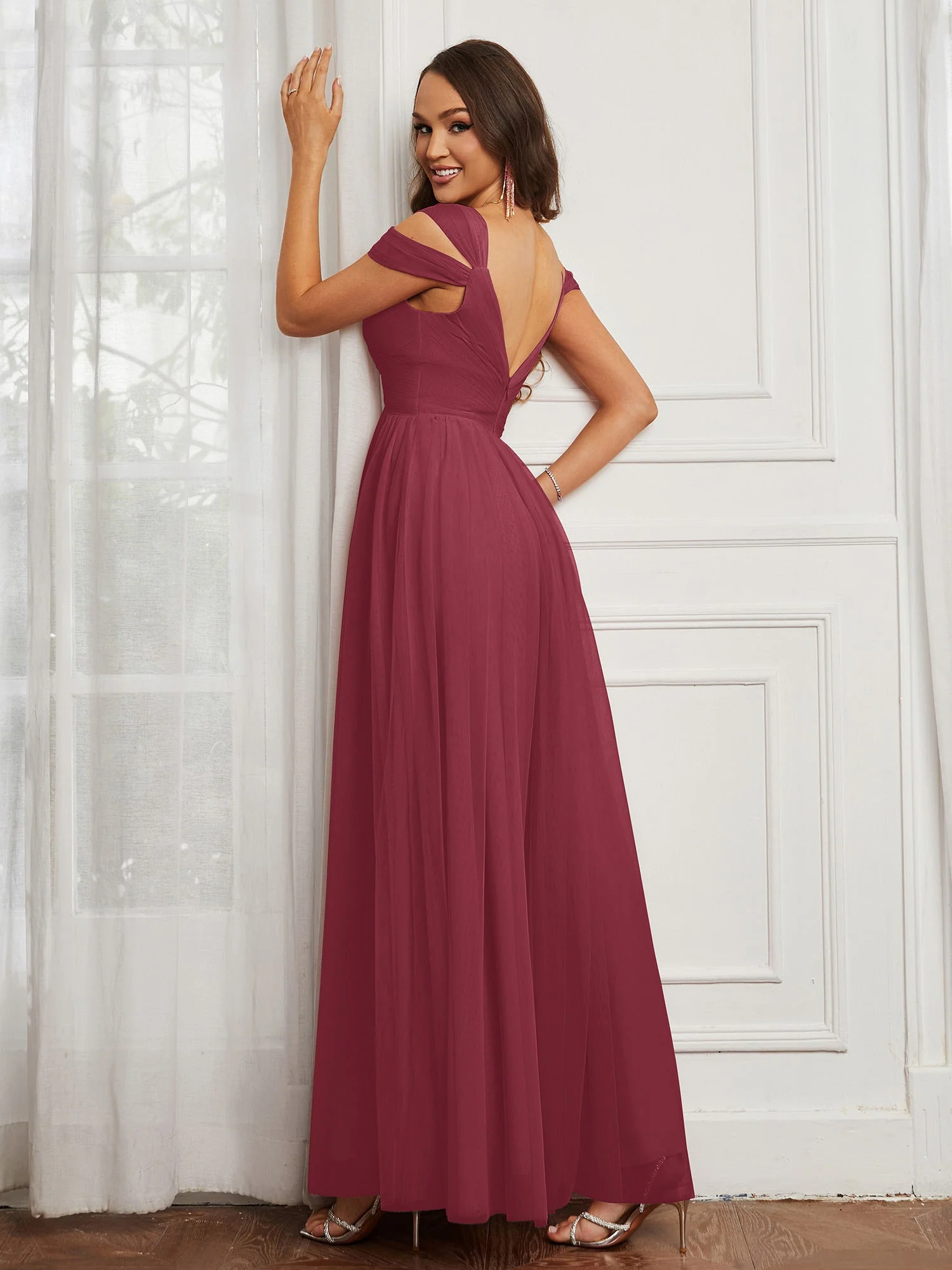 Cap-Ärmel Tüll Rüschen Bodenlang Kleid Zimtrose - Image 2