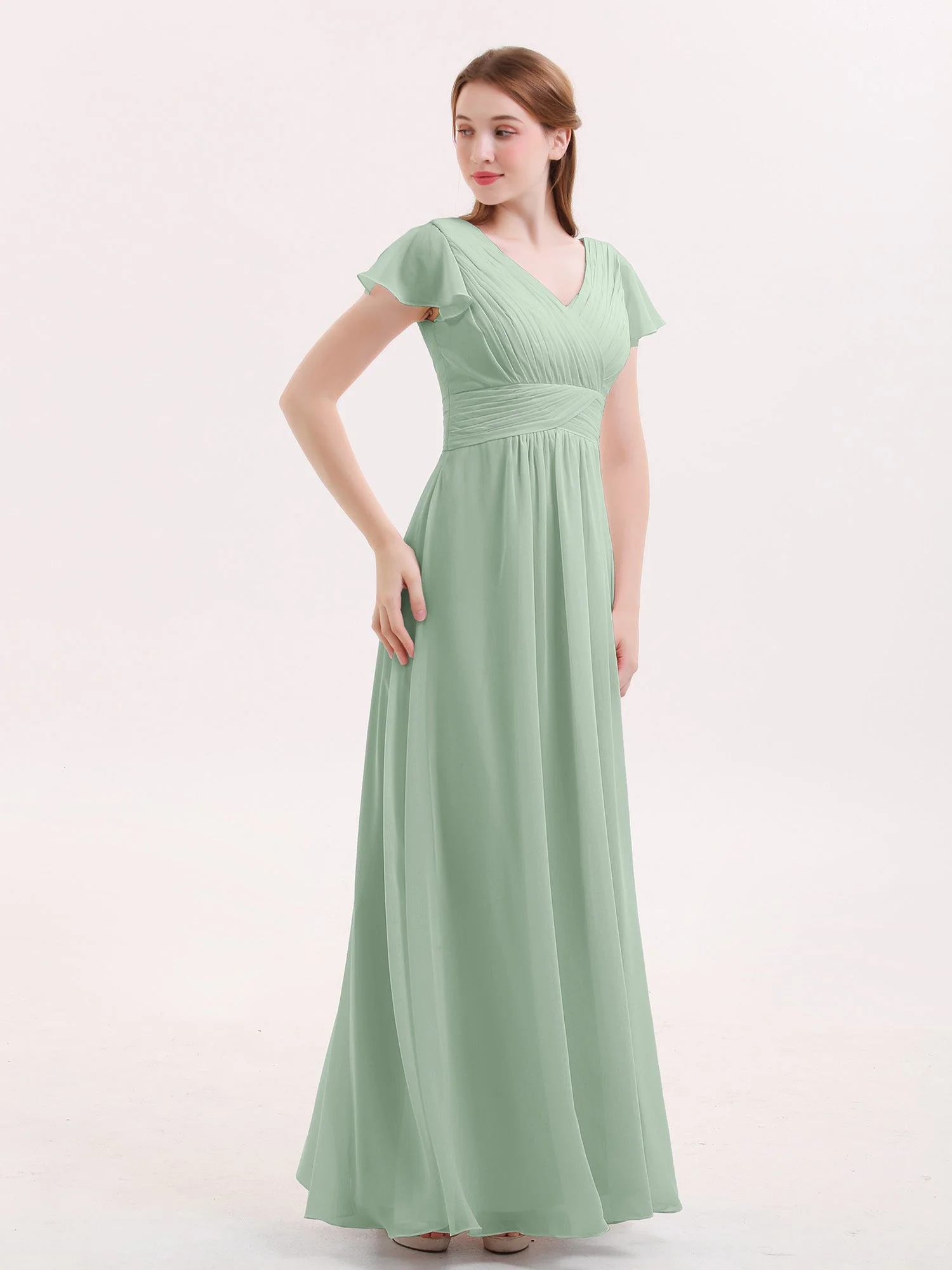 Capped Ärmels Chiffon lang Brautjungfernkleid Agavengrün - Image 3