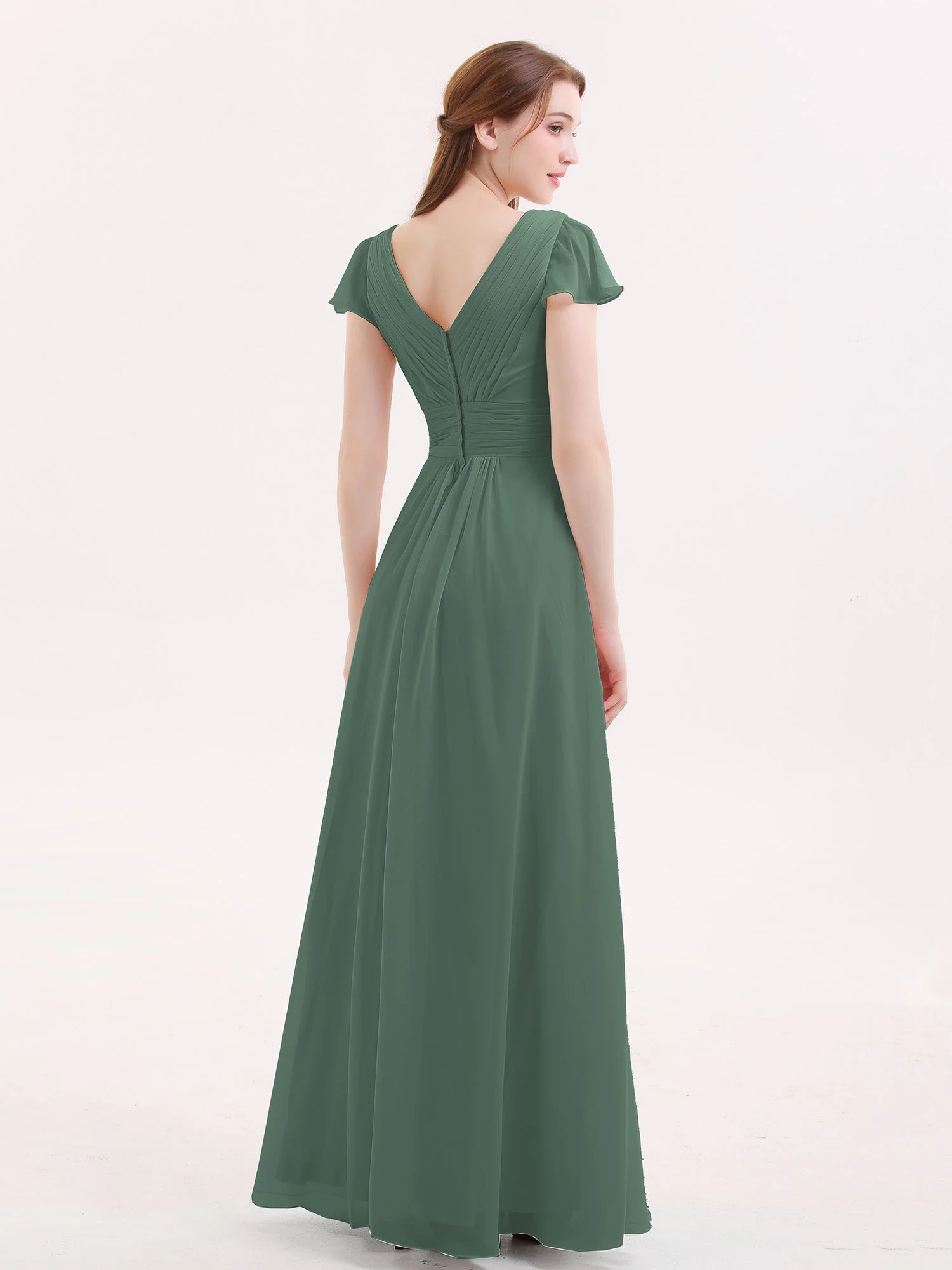 Capped Ärmels Chiffon lang Brautjungfernkleid Eukalyptus - Image 2