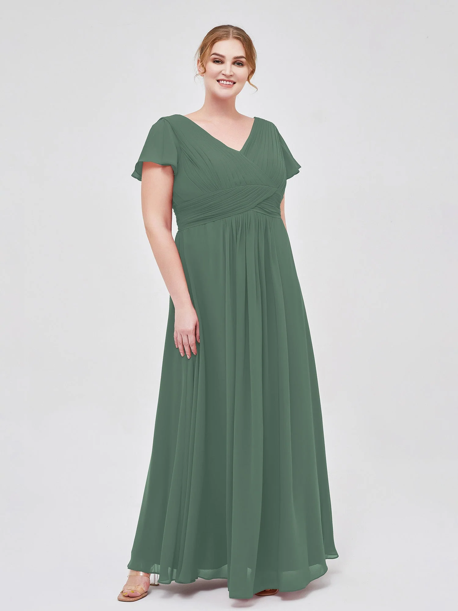 Capped Ärmels Chiffon lang Brautjungfernkleid Eukalyptus - Image 4