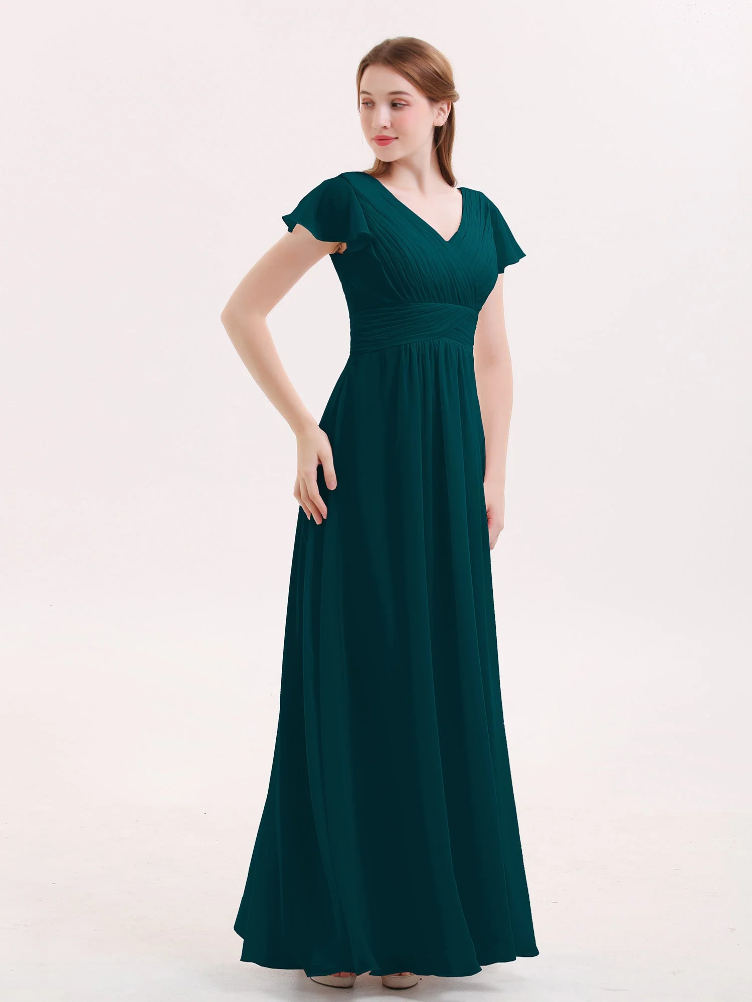 Capped Ärmels Chiffon lang Brautjungfernkleid Kieferngrün - Image 3