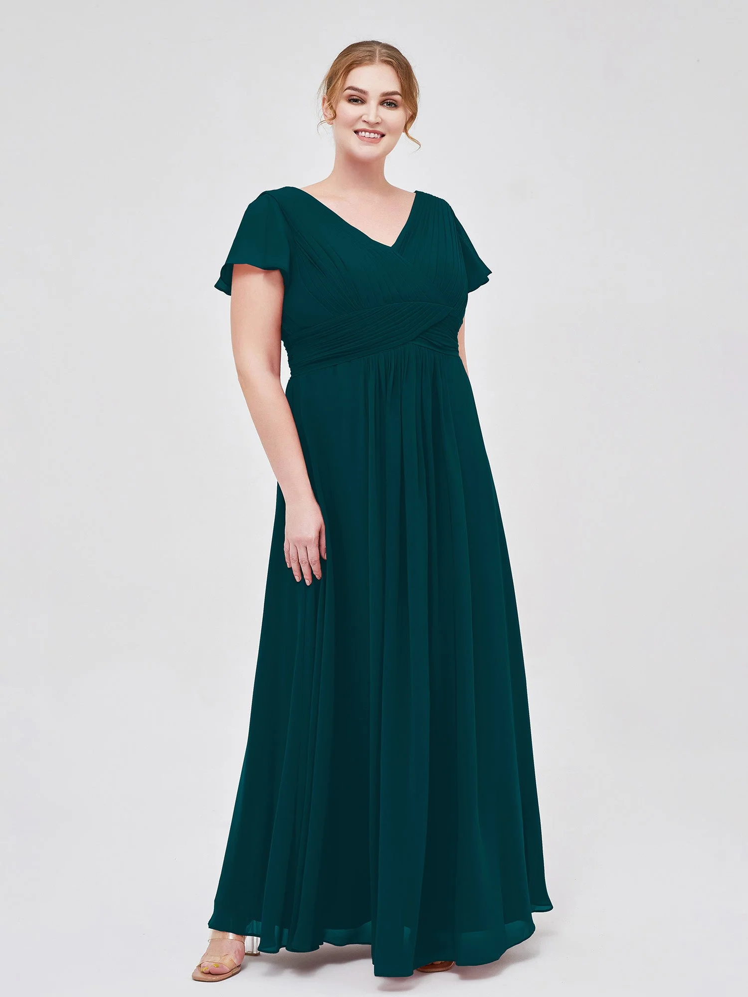 Capped Ärmels Chiffon lang Brautjungfernkleid Kieferngrün - Image 4
