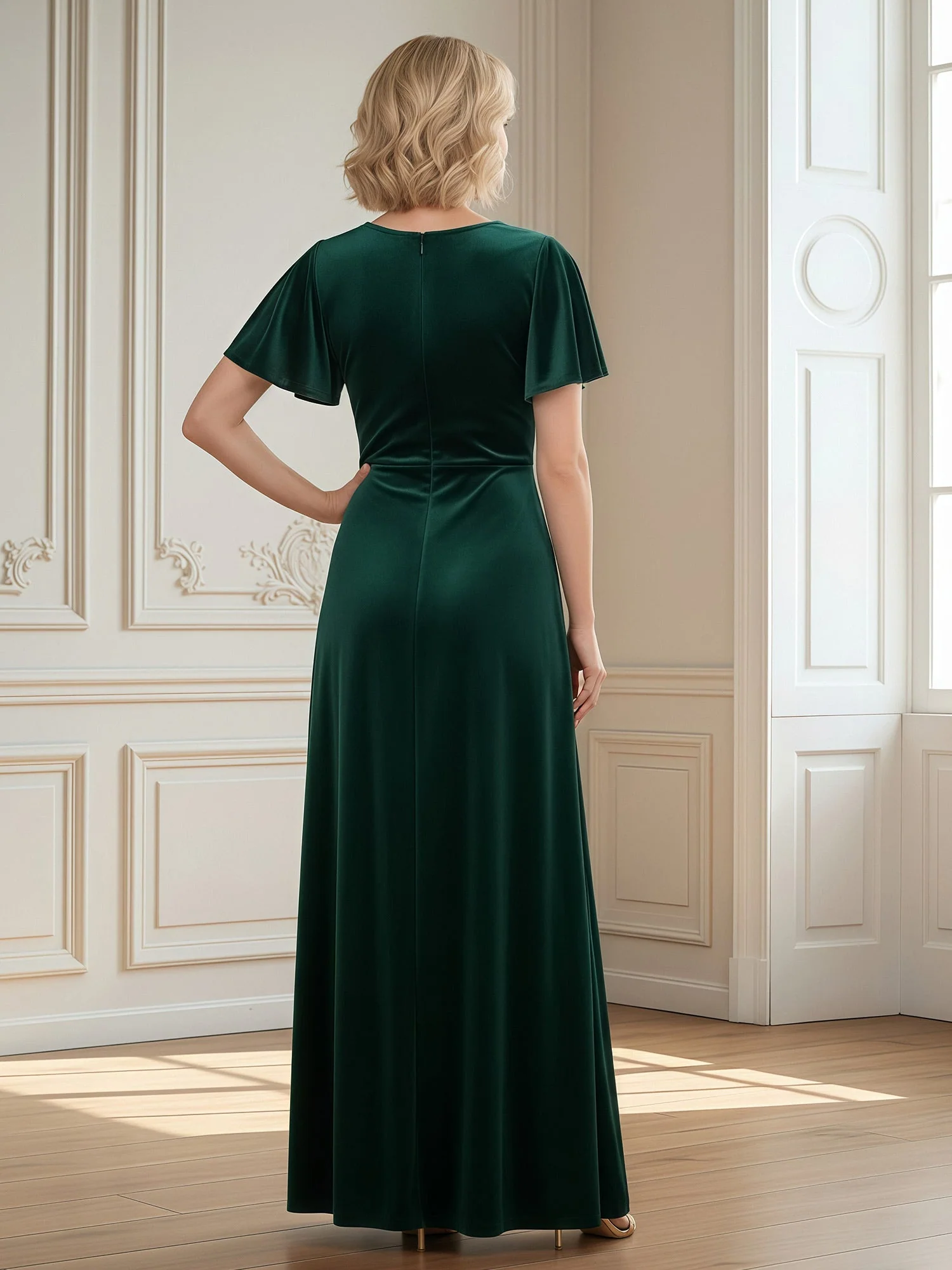 V-Ausschnitt Flatterärmel Samt Bodenlang Kleid mit Schlitz Traube - Image 2