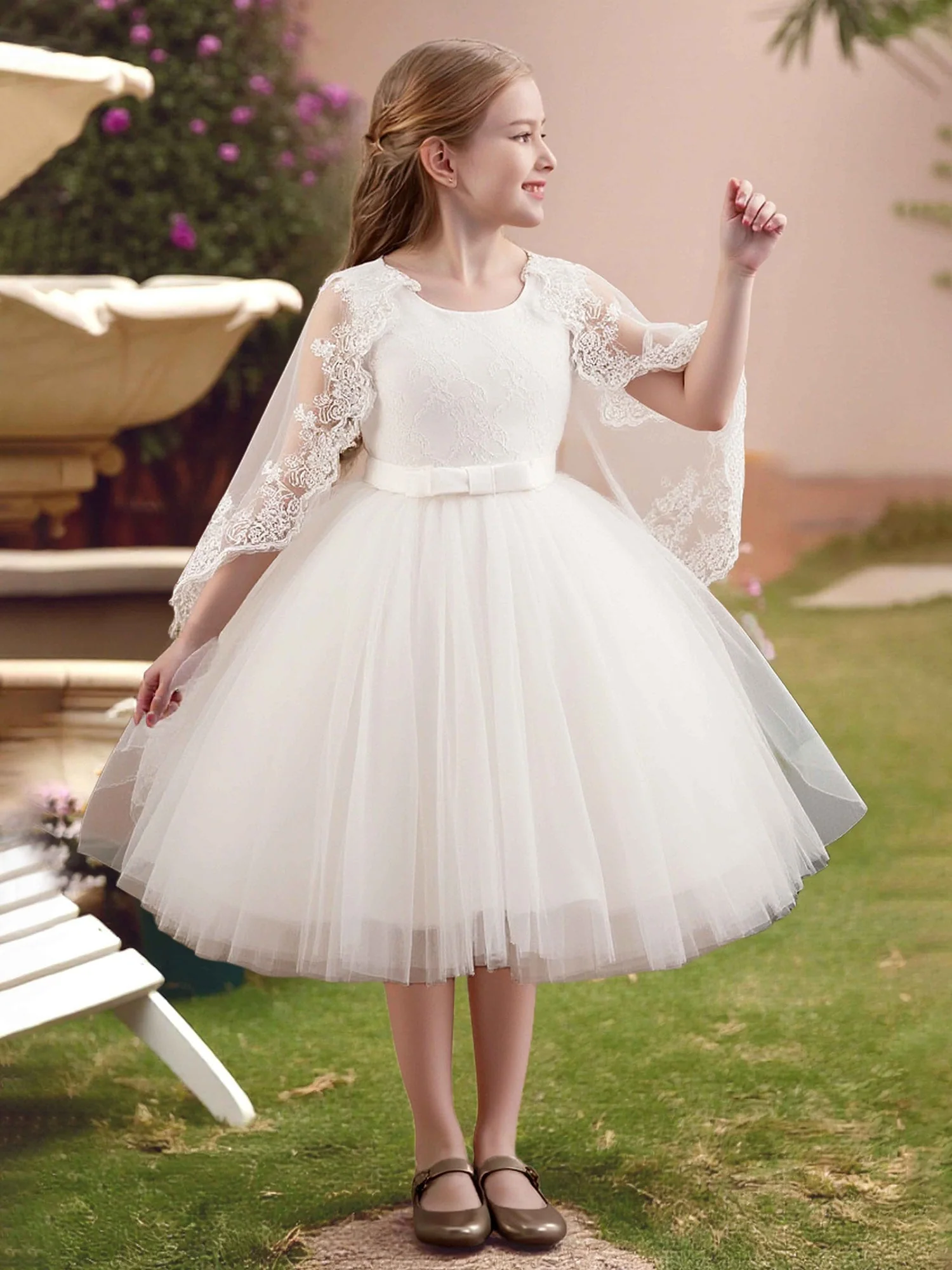 Spitze Cap Ärmel Tüll Rock Schleife Gürtel Blumenmädchen Kleid Weiß