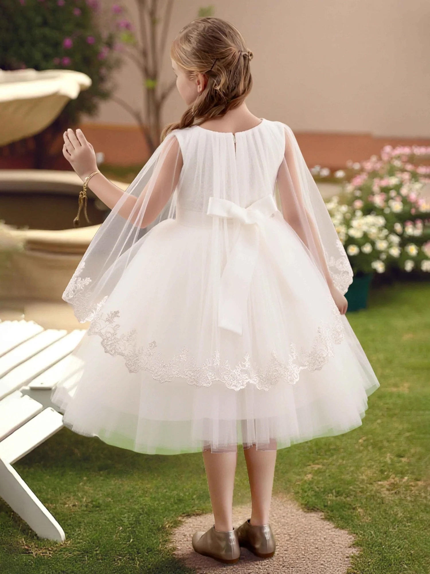 Spitze Cap Ärmel Tüll Rock Schleife Gürtel Blumenmädchen Kleid Weiß - Image 2