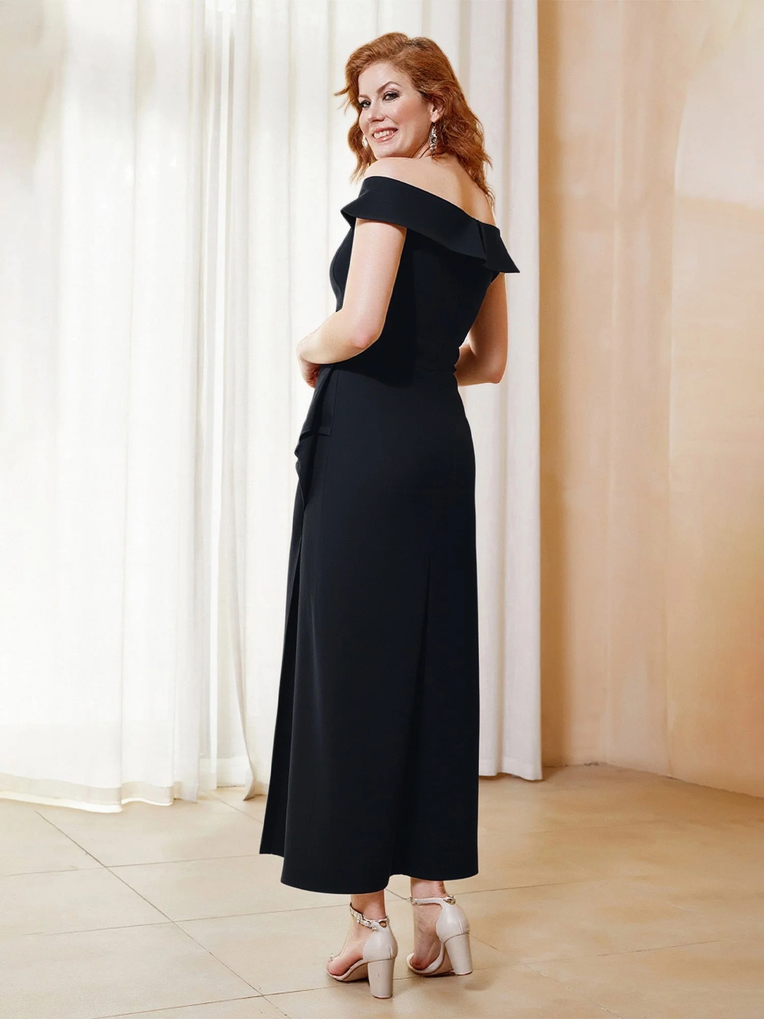 Schulterfrei Etui Asymmetrisch Perlen Kleid Dunkelgrün - Image 2
