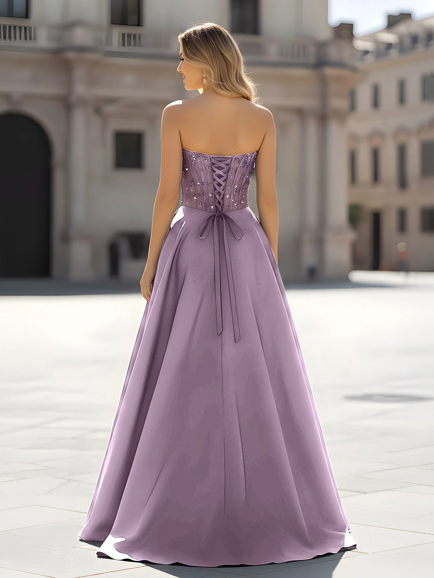 Pailletten Herzform Oberteil A-Linie Kleid mit Schlitz Blauregen - Image 2