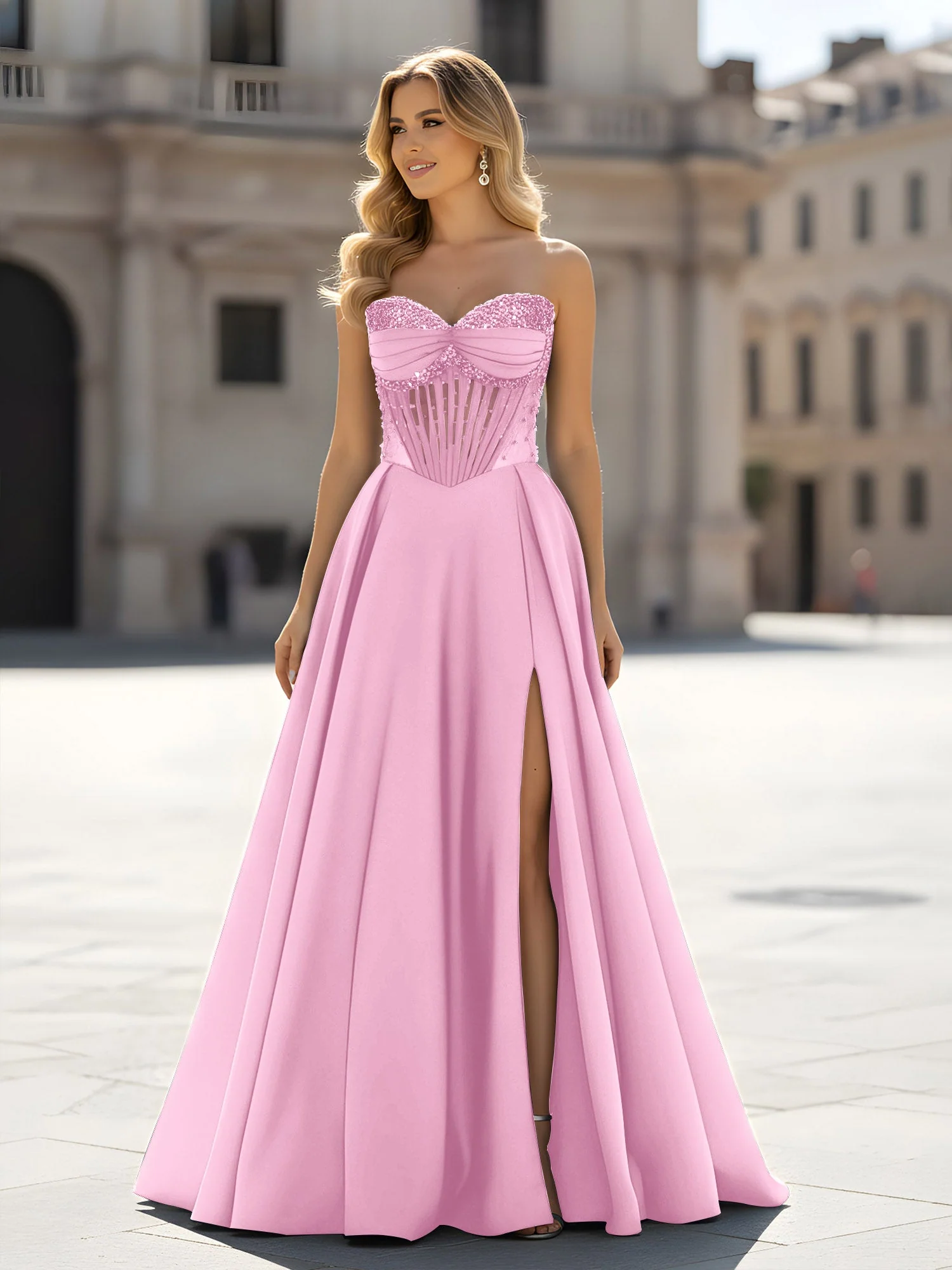 Pailletten Herzform Oberteil A-Linie Kleid mit Schlitz Bonbonrosa