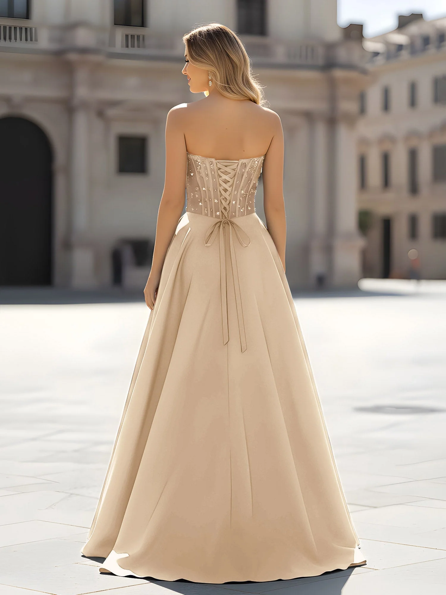 Pailletten Herzform Oberteil A-Linie Kleid mit Schlitz Champagner - Image 2