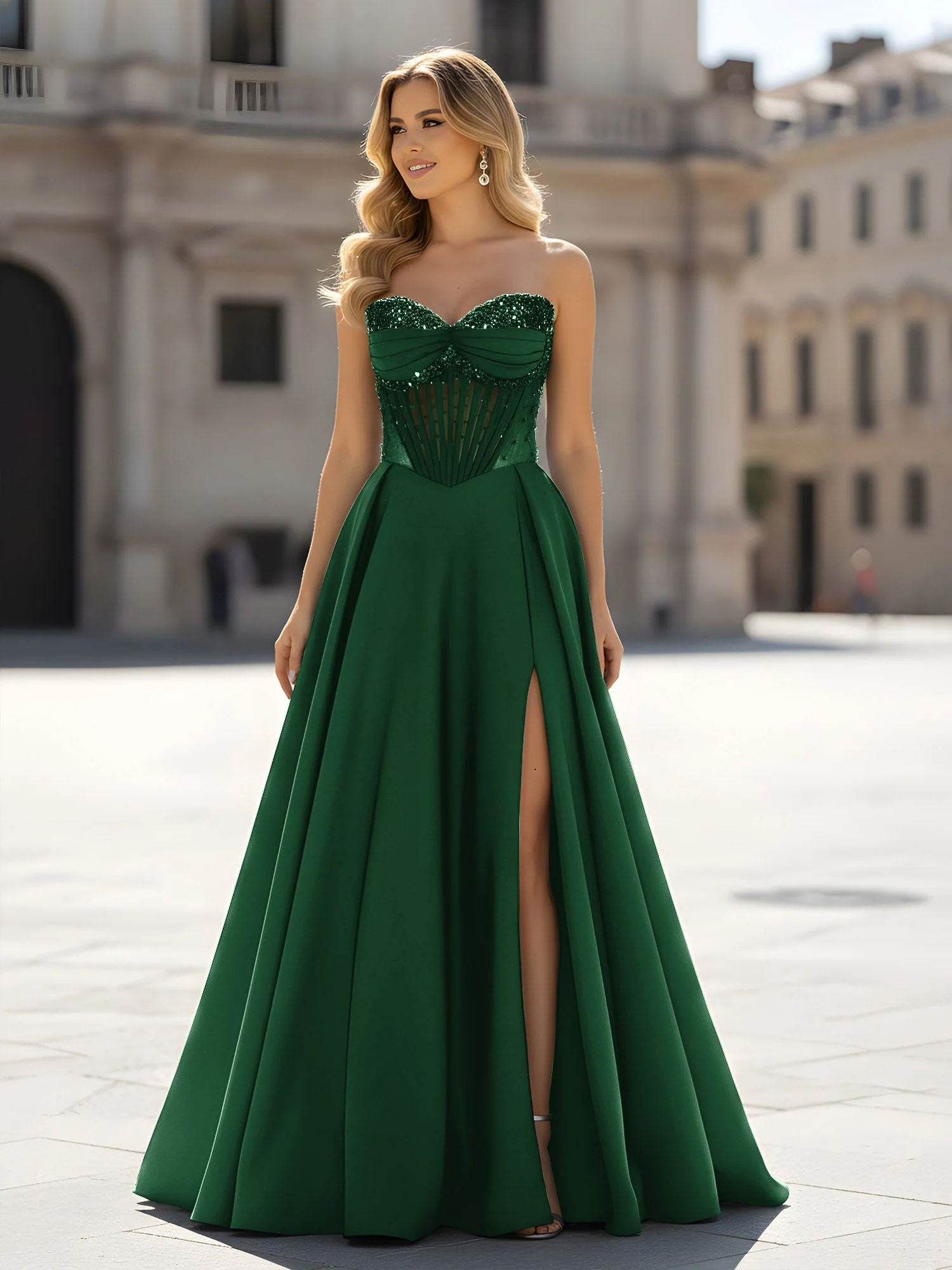 Pailletten Herzform Oberteil A-Linie Kleid mit Schlitz Dunkelgrün