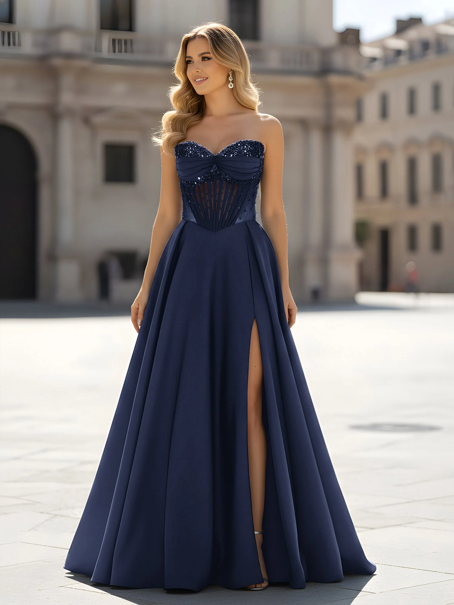 Pailletten Herzform Oberteil A-Linie Kleid mit Schlitz Dunkelmarine